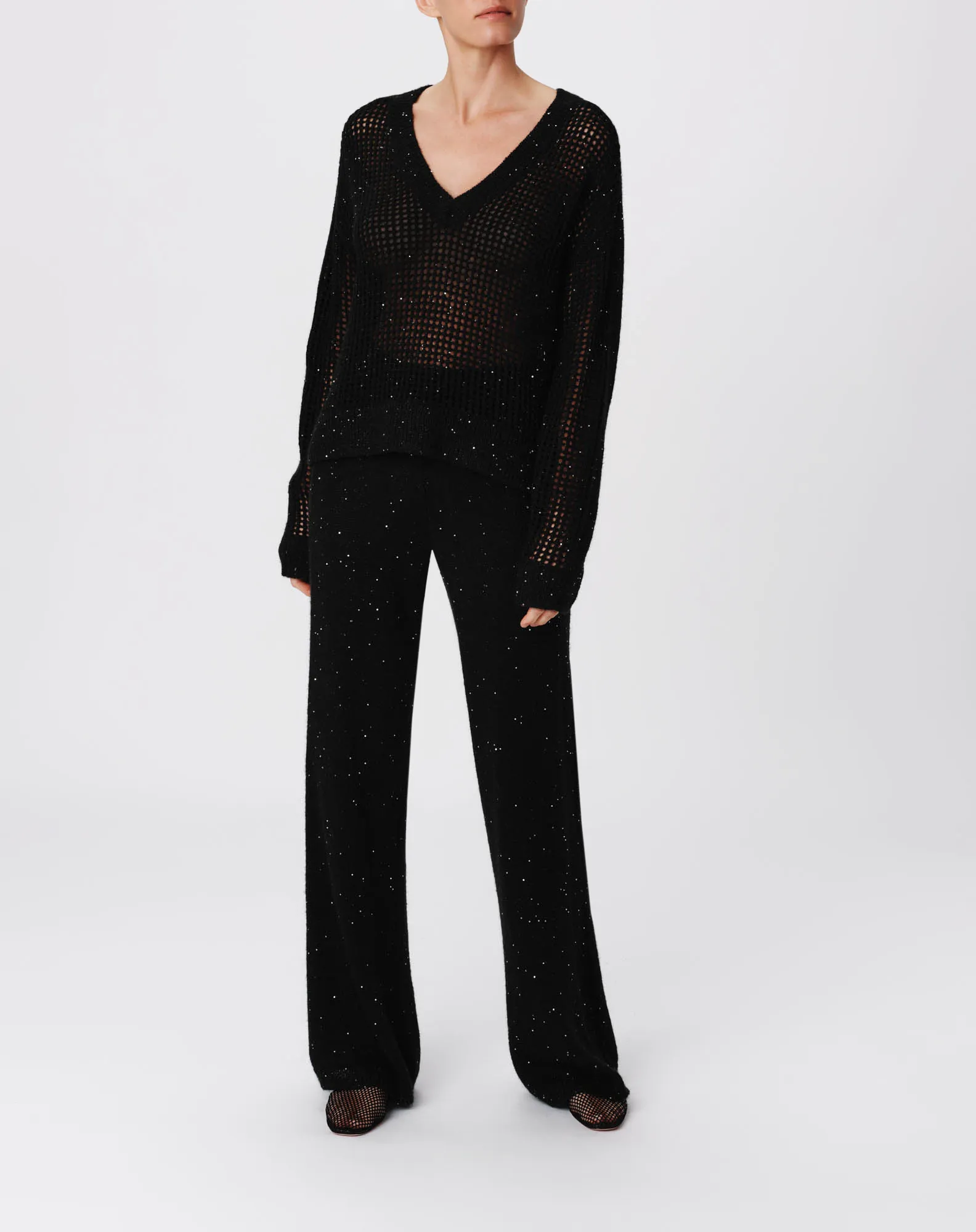 Sequin Wool Blend Wide Leg Pant - Black sold by ATM Anthony Thomas Melillo