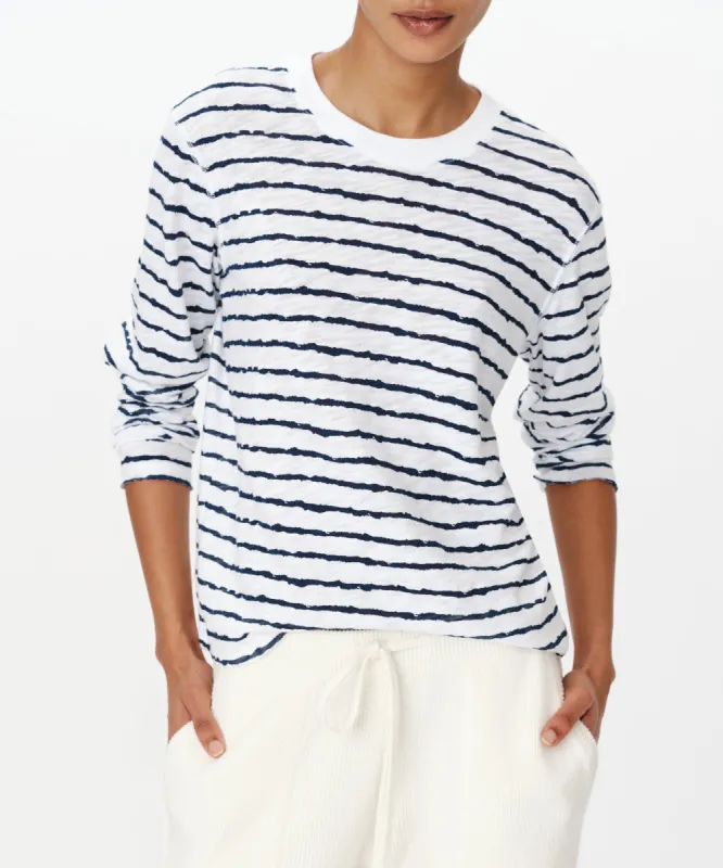 Slub Jersey with Stripe Long Sleeve Destroyed Wash Crop Tee - White-Midnight sold by ATM Anthony Thomas Melillo