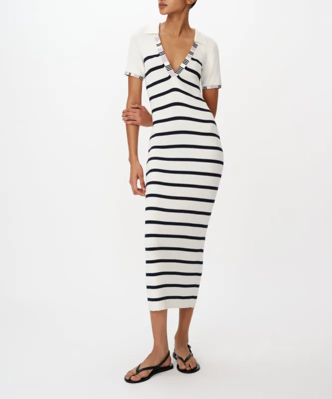 Cotton Silk Blend Striped Sleeveless Split Collar Dress - White-Midnight sold by ATM Anthony Thomas Melillo