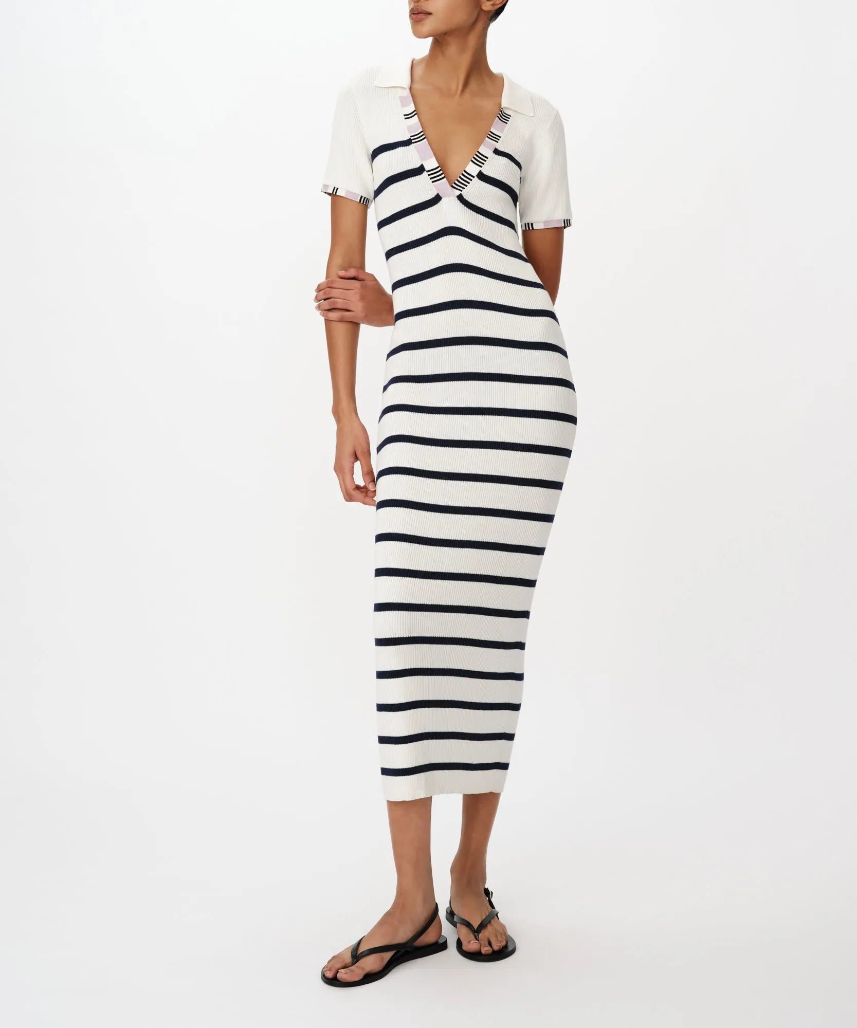 Cotton Silk Blend Striped Sleeveless Split Collar Dress - White-Midnight sold by ATM Anthony Thomas Melillo