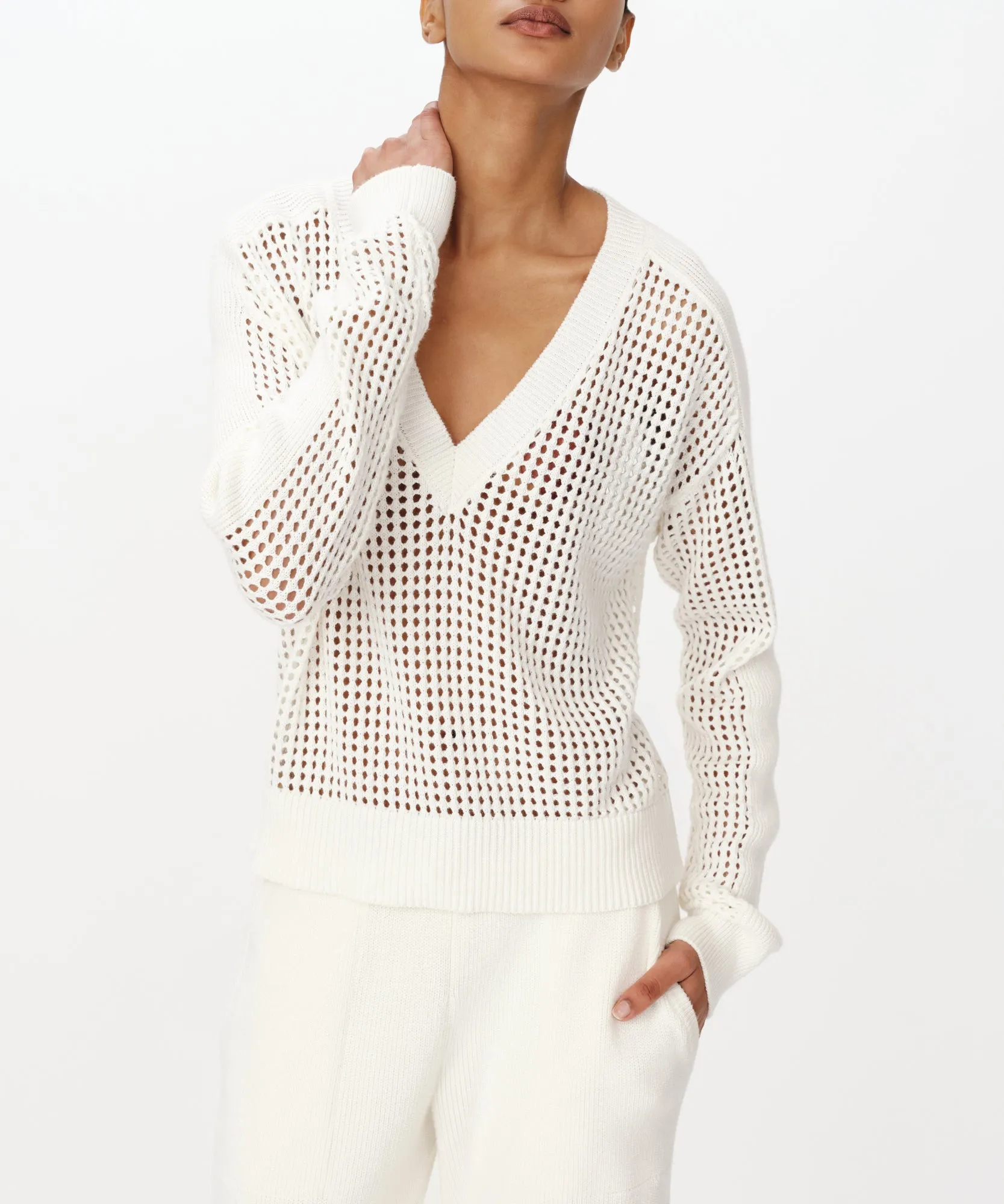Cotton Cashmere Mesh Stitch V-Neck Sweater - Chalk sold by ATM Anthony Thomas Melillo