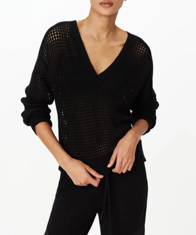 Cotton Cashmere Mesh Stitch V-Neck Sweater - Black sold by ATM Anthony Thomas Melillo