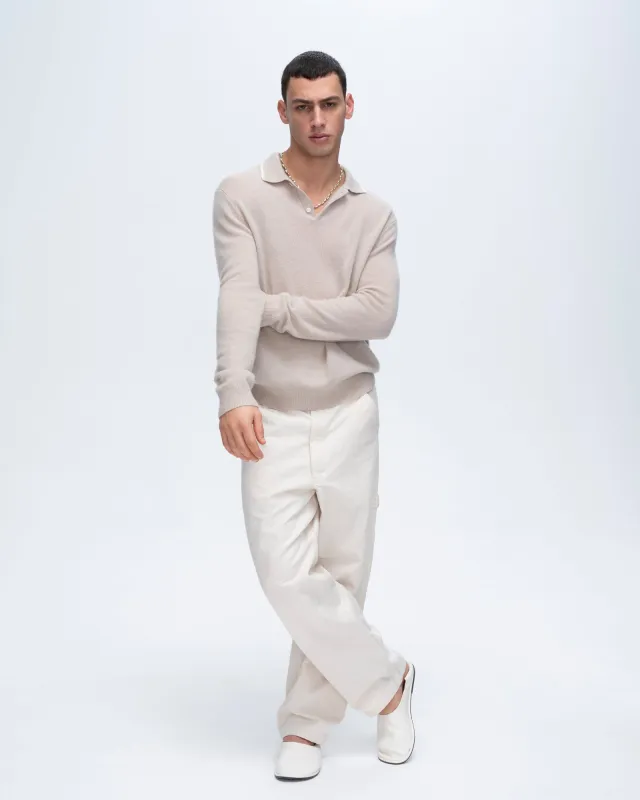 Cashmere Long Sleeve Polo Sweater with Tipping - Soft Beige-Chalk sold by ATM Anthony Thomas Melillo