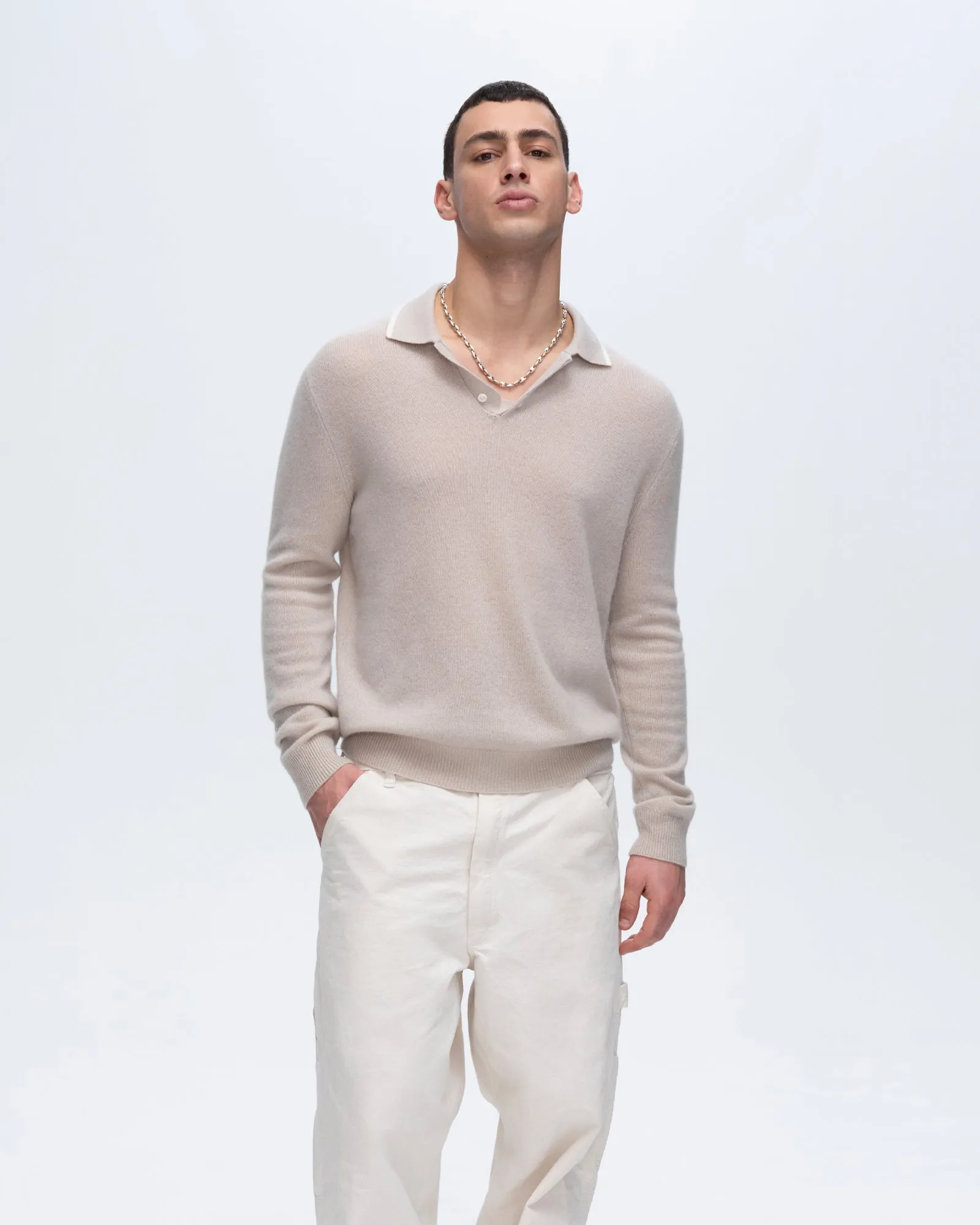 Cashmere Long Sleeve Polo Sweater with Tipping - Soft Beige-Chalk sold by ATM Anthony Thomas Melillo product image thumbnail 4