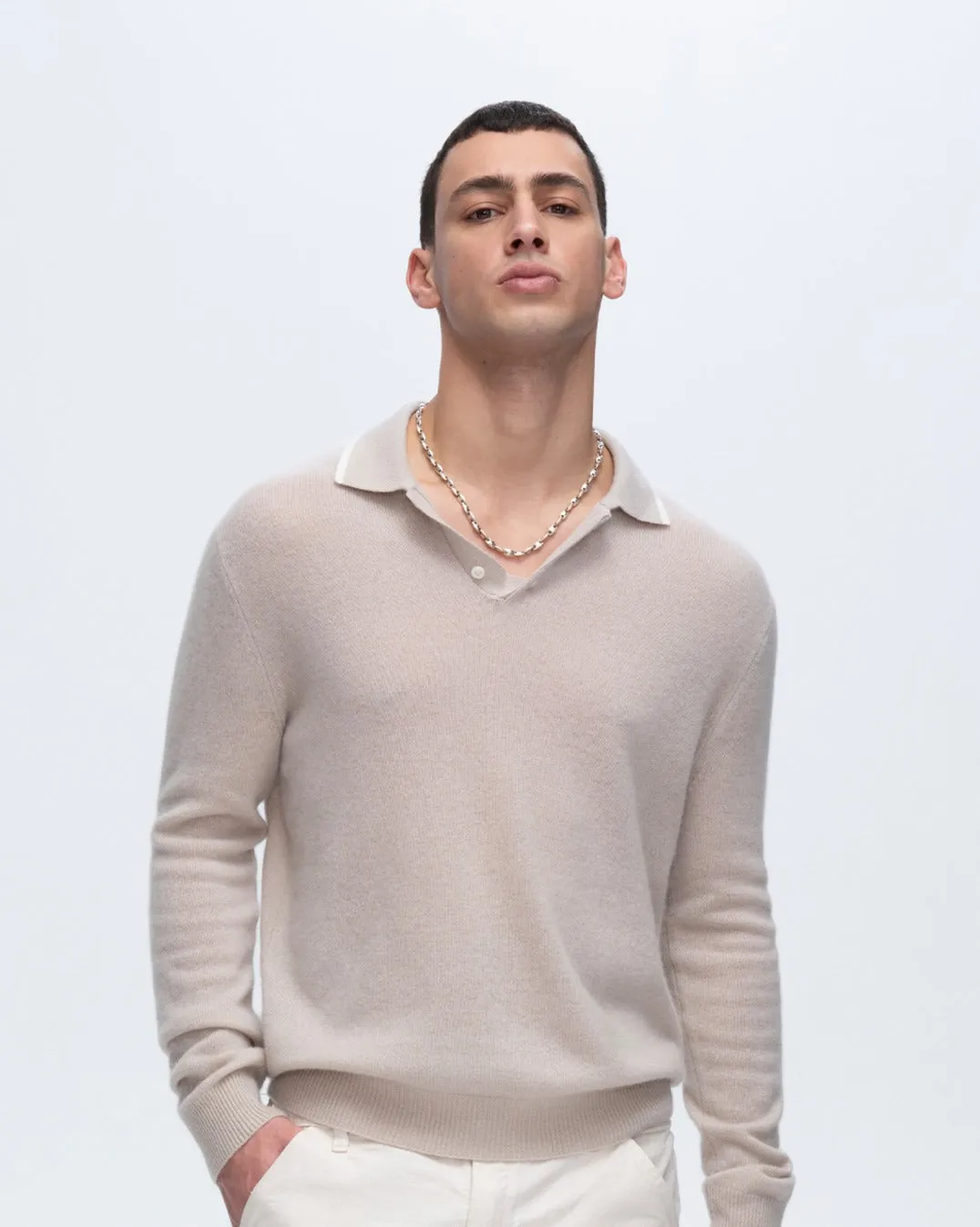 Cashmere Long Sleeve Polo Sweater with Tipping - Soft Beige-Chalk sold by ATM Anthony Thomas Melillo product image thumbnail 5