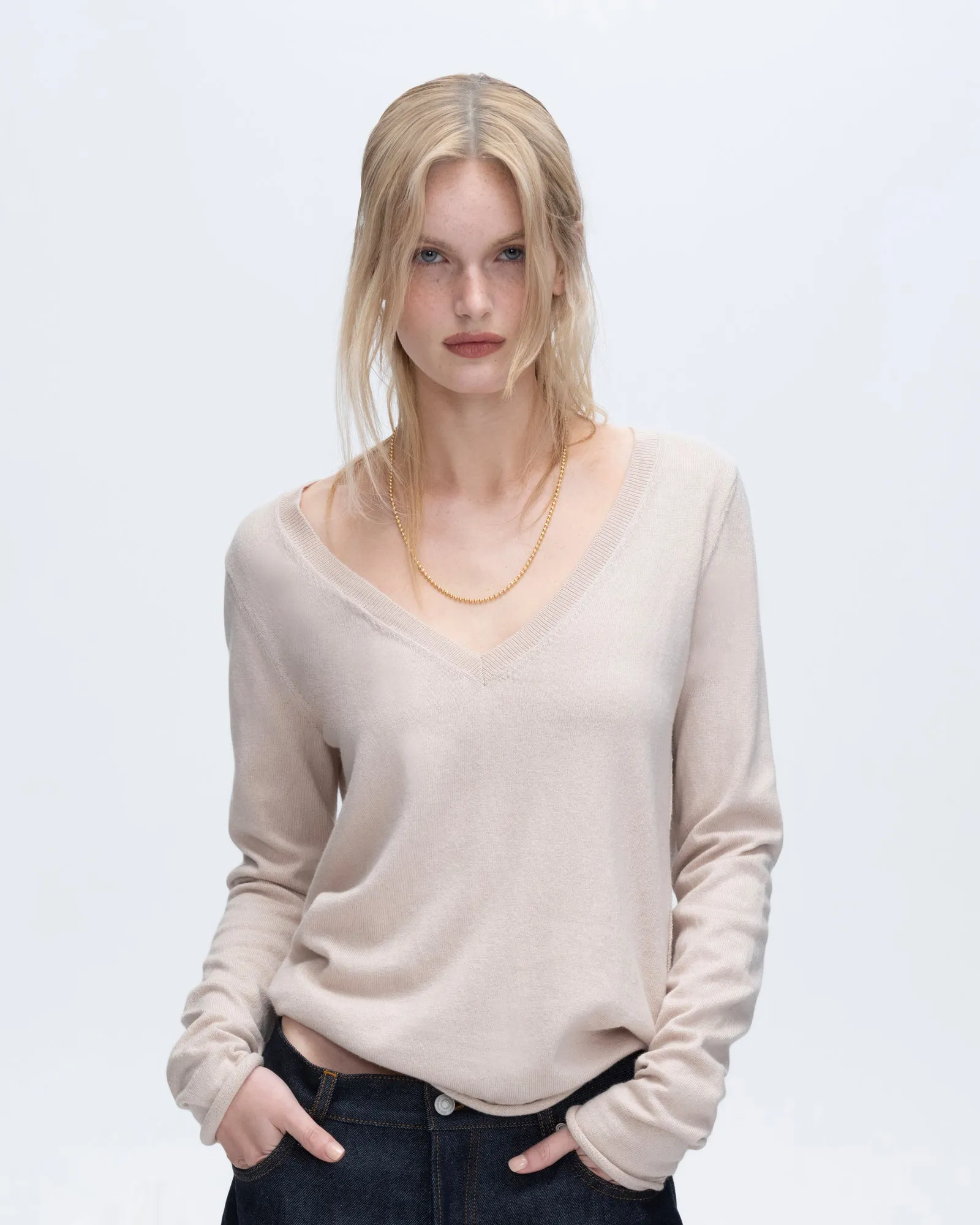 Cotton Cashmere V-Neck Sweater - Soft Beige sold by ATM Anthony Thomas Melillo product image thumbnail 4