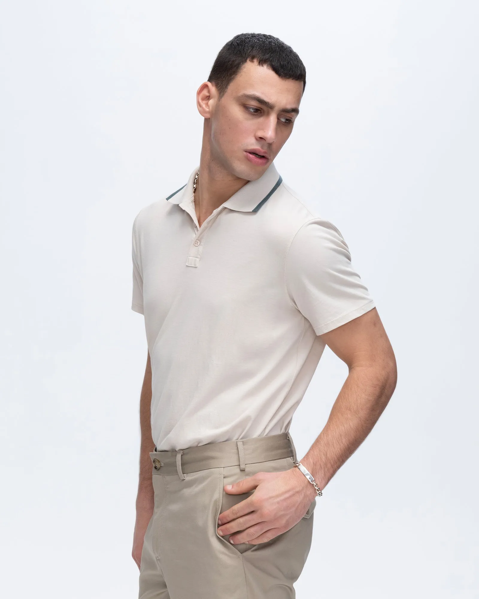 Classic Jersey Short Sleeve Polo with Tipping - Soft Beige-Spring Eucalyptus sold by ATM Anthony Thomas Melillo product image thumbnail 2