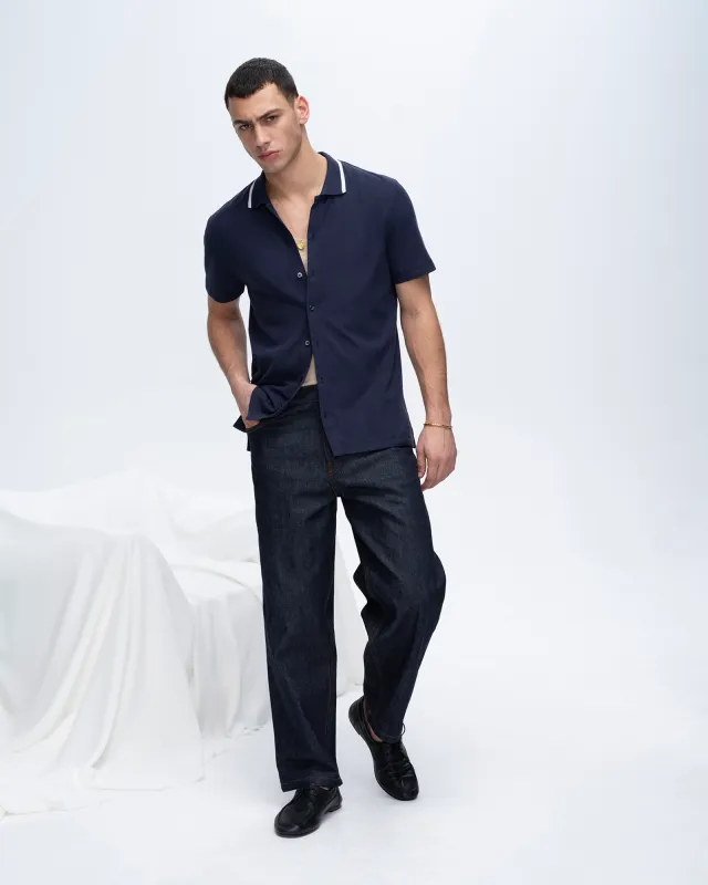 Pique Button Front Shirt with Tipping - Navy-White sold by ATM Anthony Thomas Melillo