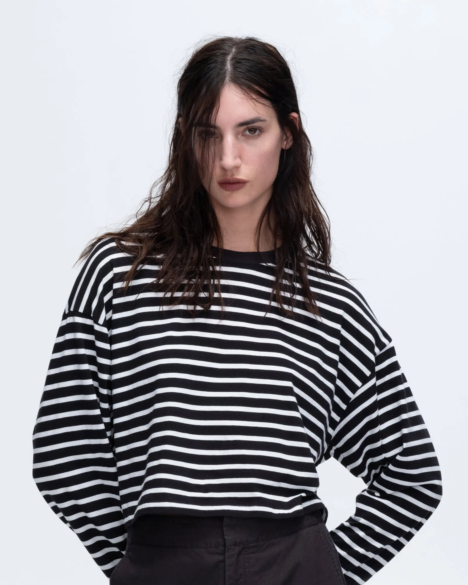 Stripe Classic Jersey Long Sleeve Crew Neck Boxy Tee - Black-White sold by ATM product image thumbnail 4