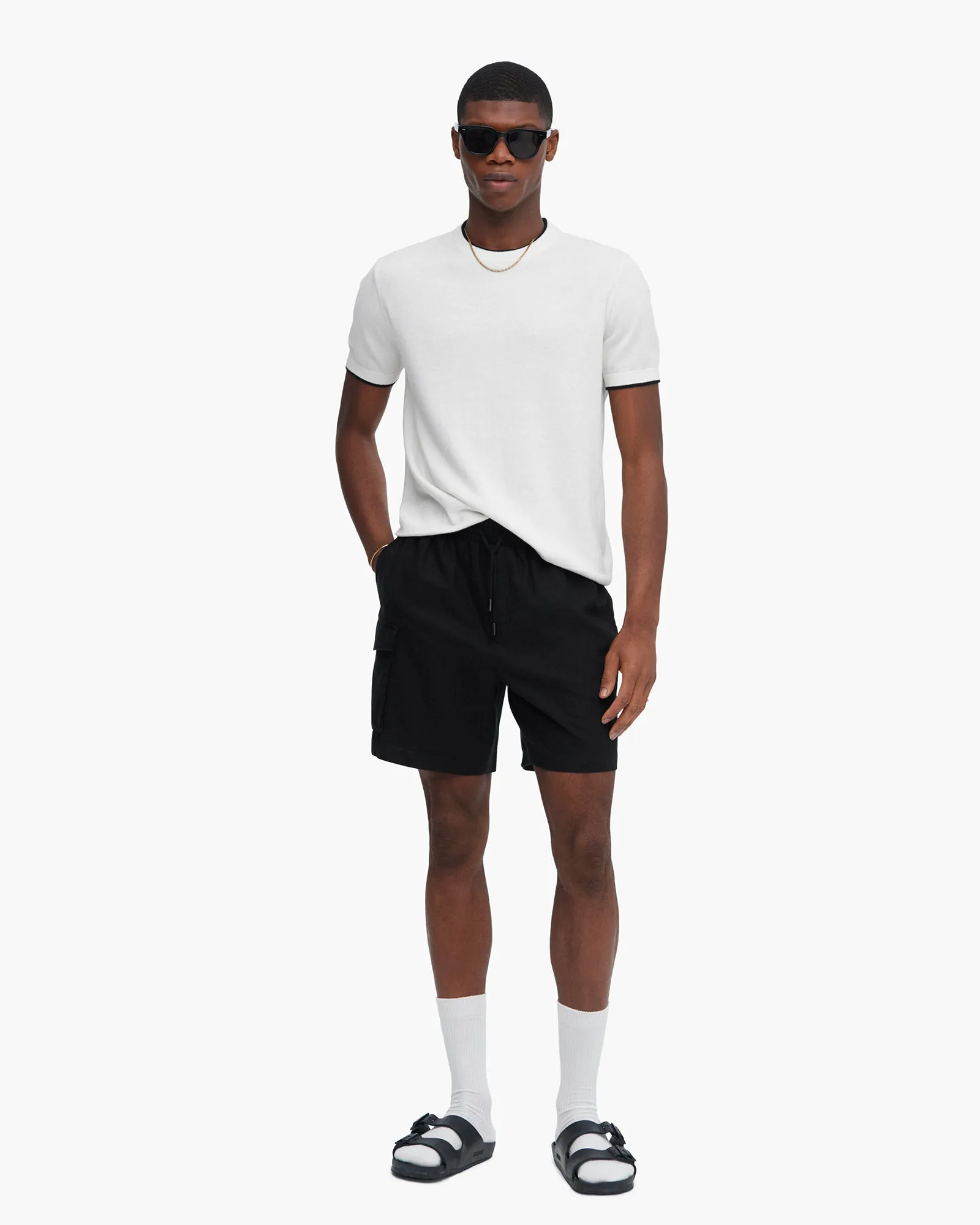 Cotton Cashmere Short Sleeve Crew Neck Sweater with Tipping - White sold by ATM