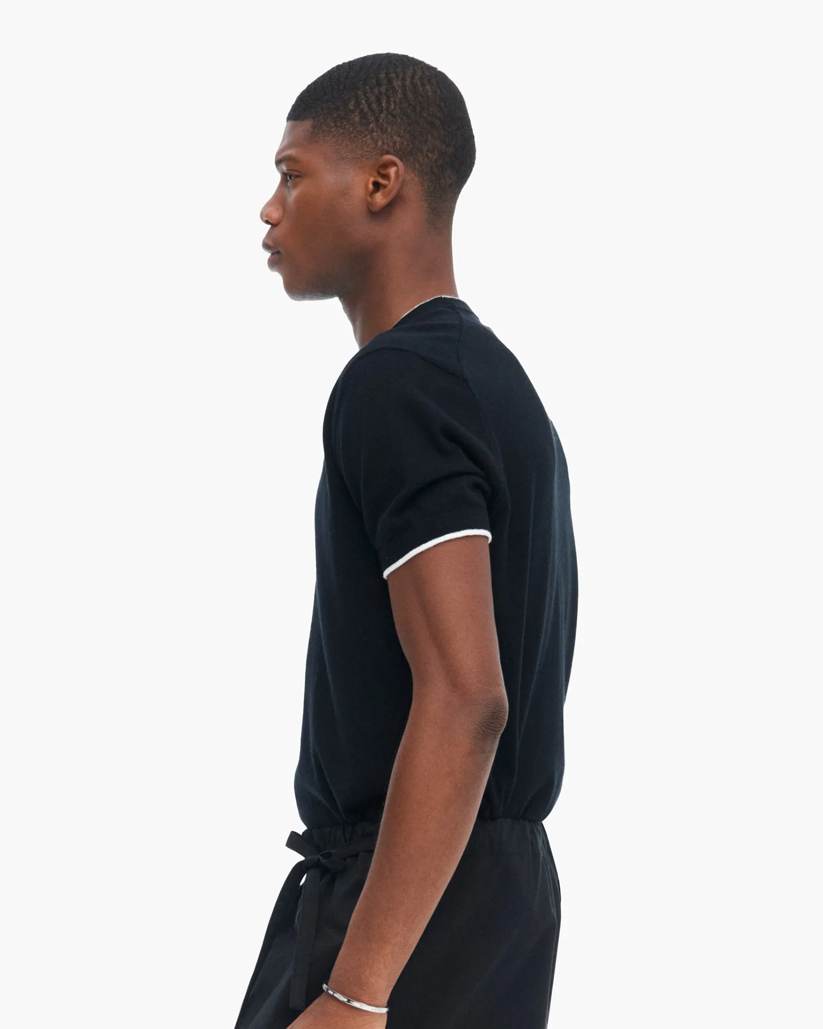 Cotton Cashmere Short Sleeve Crew Neck Sweater with Tipping - Black sold by ATM product image thumbnail 2