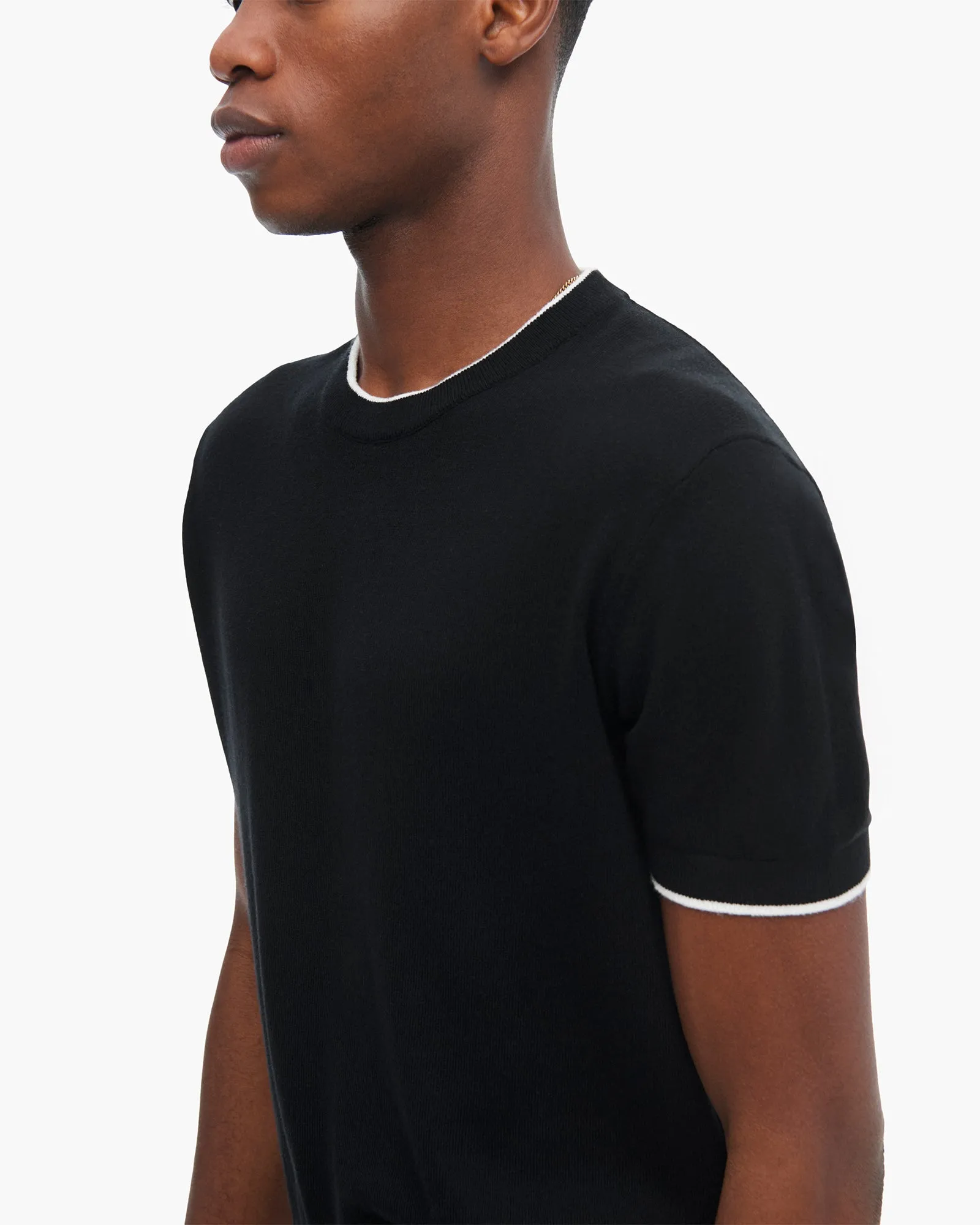 Cotton Cashmere Short Sleeve Crew Neck Sweater with Tipping - Black sold by ATM product image thumbnail 4