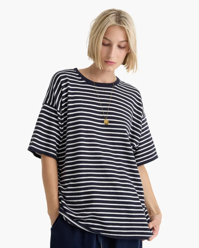 Cotton Cashmere Oversized Striped Crew Neck Tee - Midnight Chalk sold by ATM Anthony Thomas Melillo