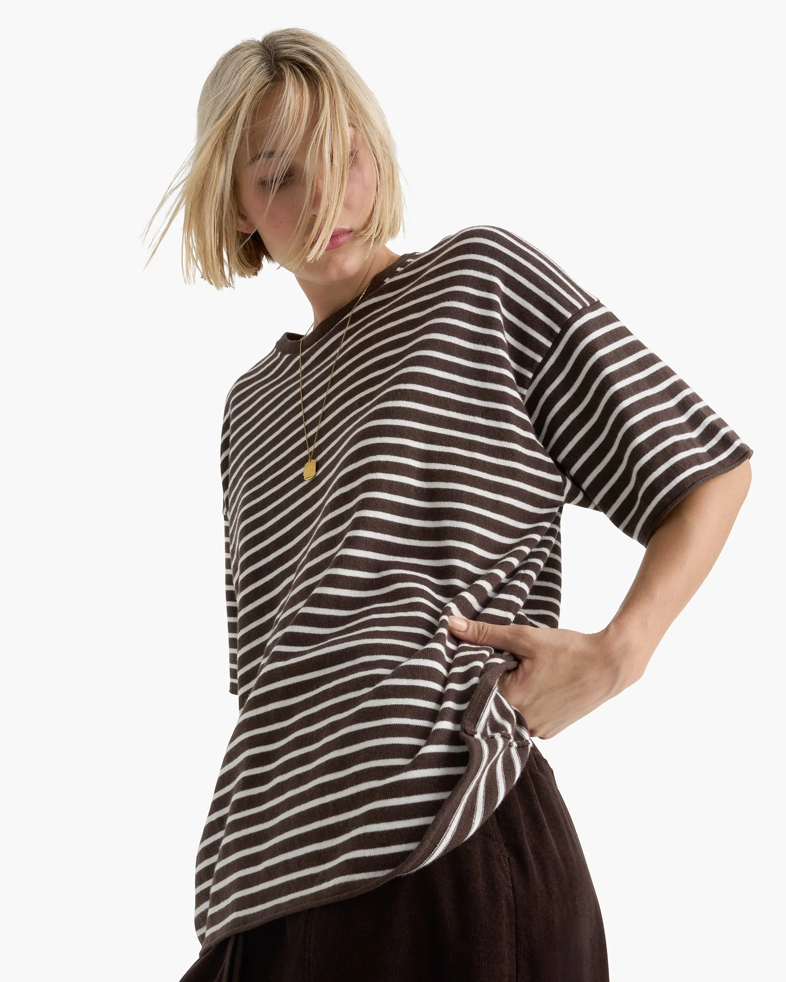 Cotton Cashmere Oversized Striped Crew Neck Tee - Chocolate Brown Chalk sold by ATM product image thumbnail 2
