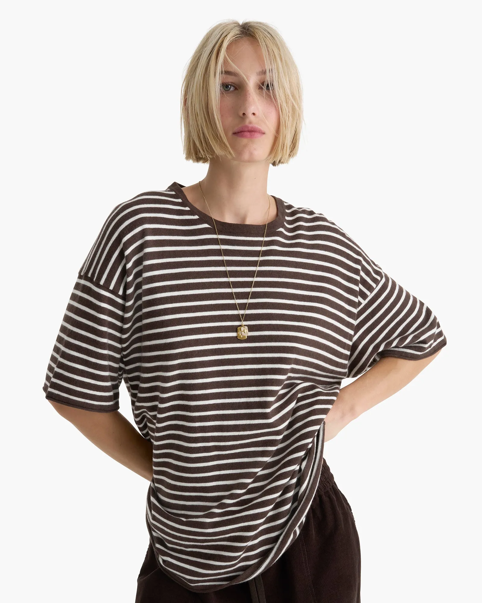 Cotton Cashmere Oversized Striped Crew Neck Tee - Chocolate Brown Chalk sold by ATM