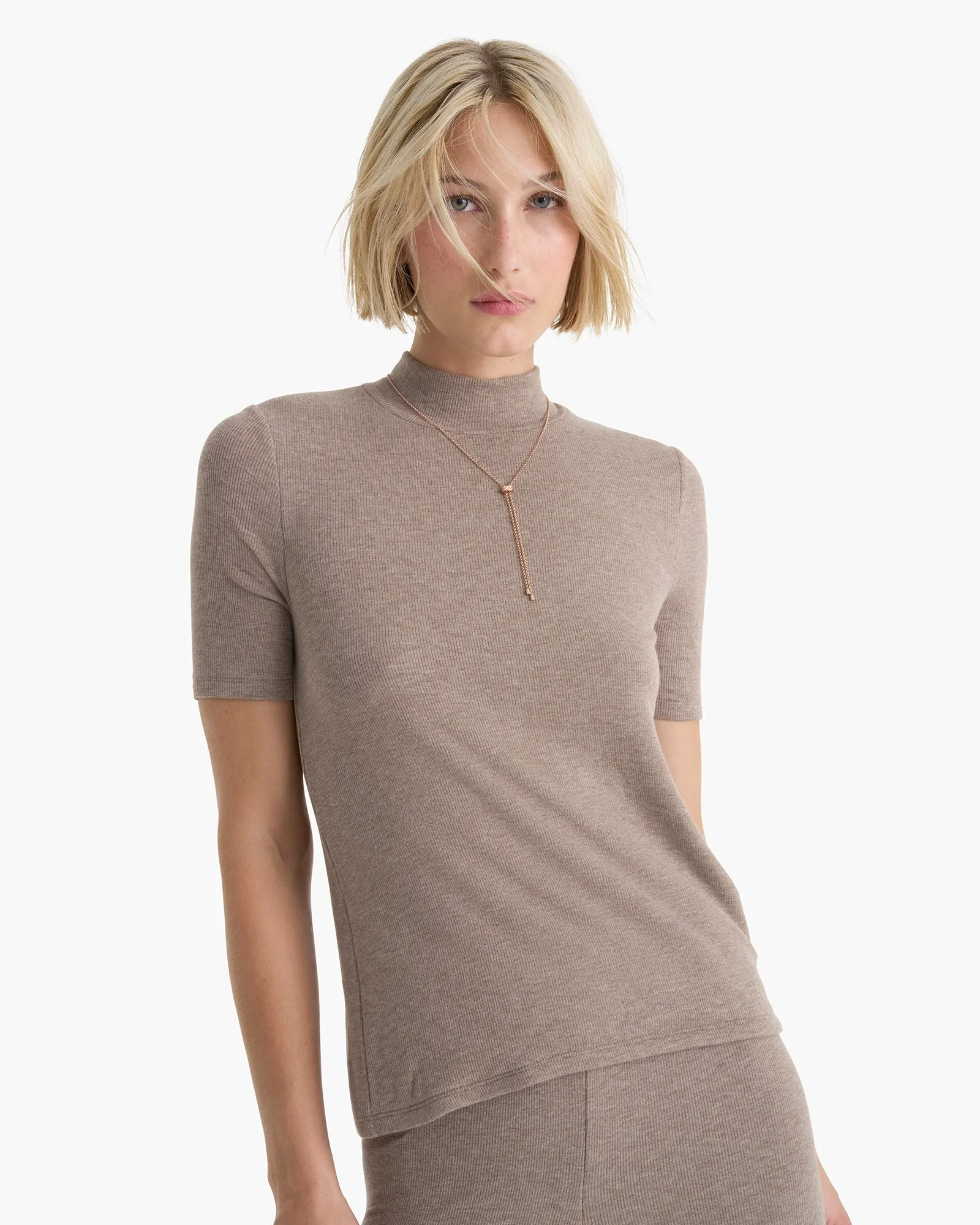 Modal Rib Short Sleeve Mock Neck Tee - Faded Mocha sold by ATM