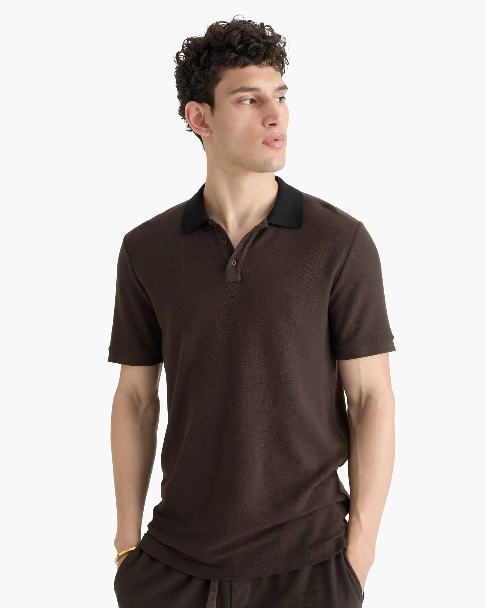 Pima Cotton Pique Polo With Contrast Collar - Dark Chocolate Black sold by ATM