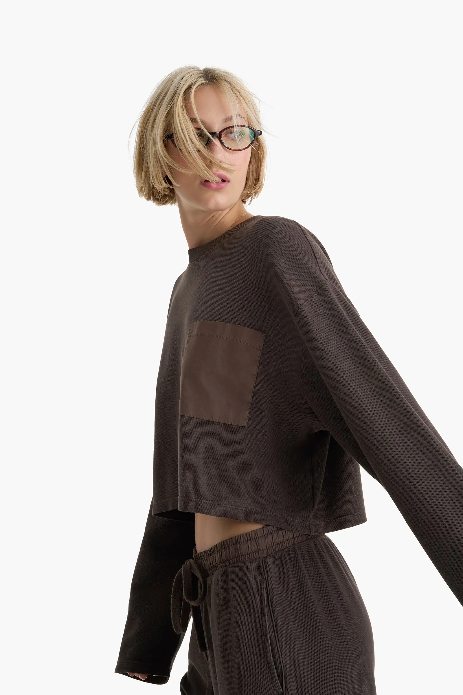 Mixed Media Pima Cotton Pique Pocket Tee - Dark Chocolate sold by ATM