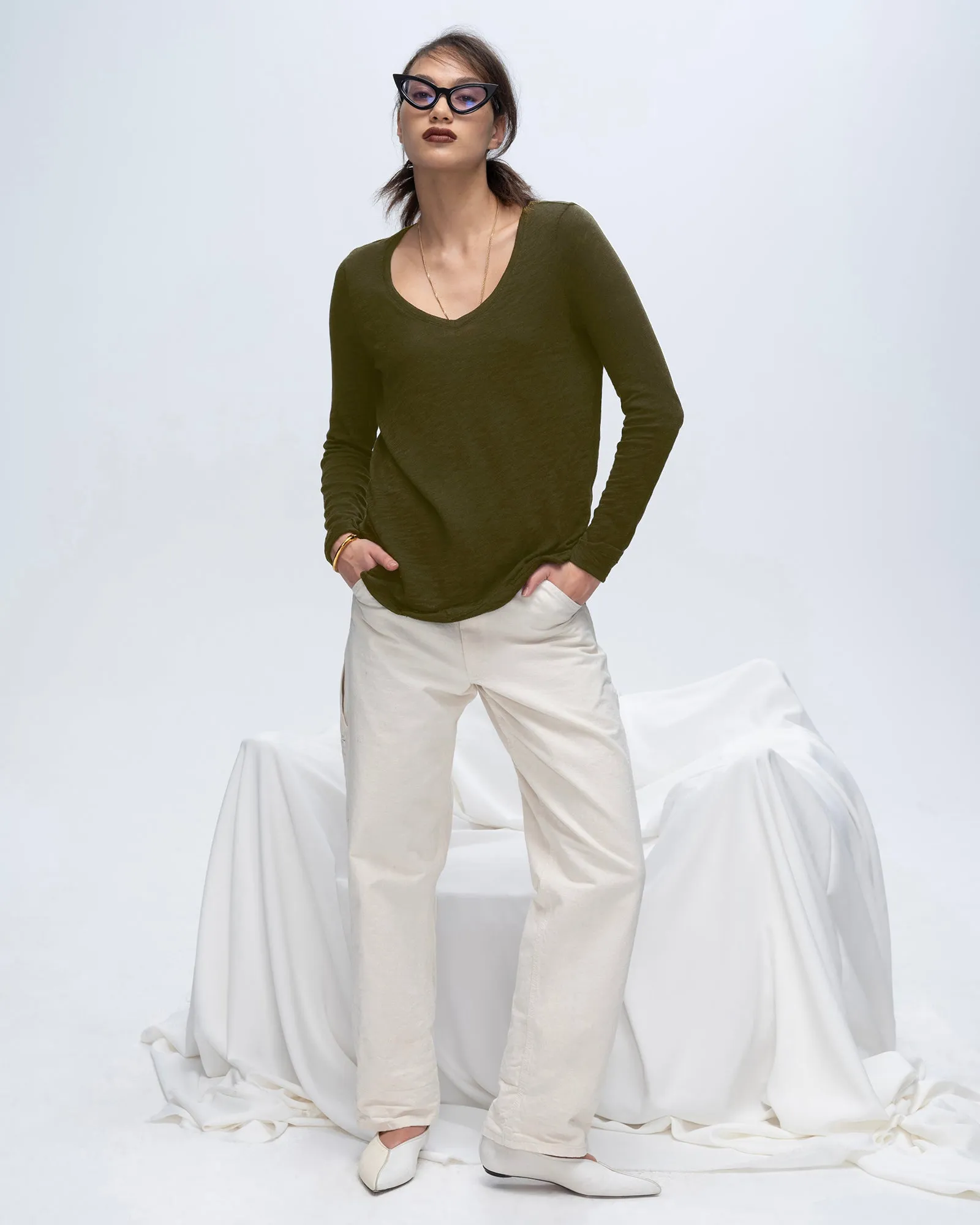 Slub Jersey Long Sleeve V-Neck Tee - Army sold by ATM