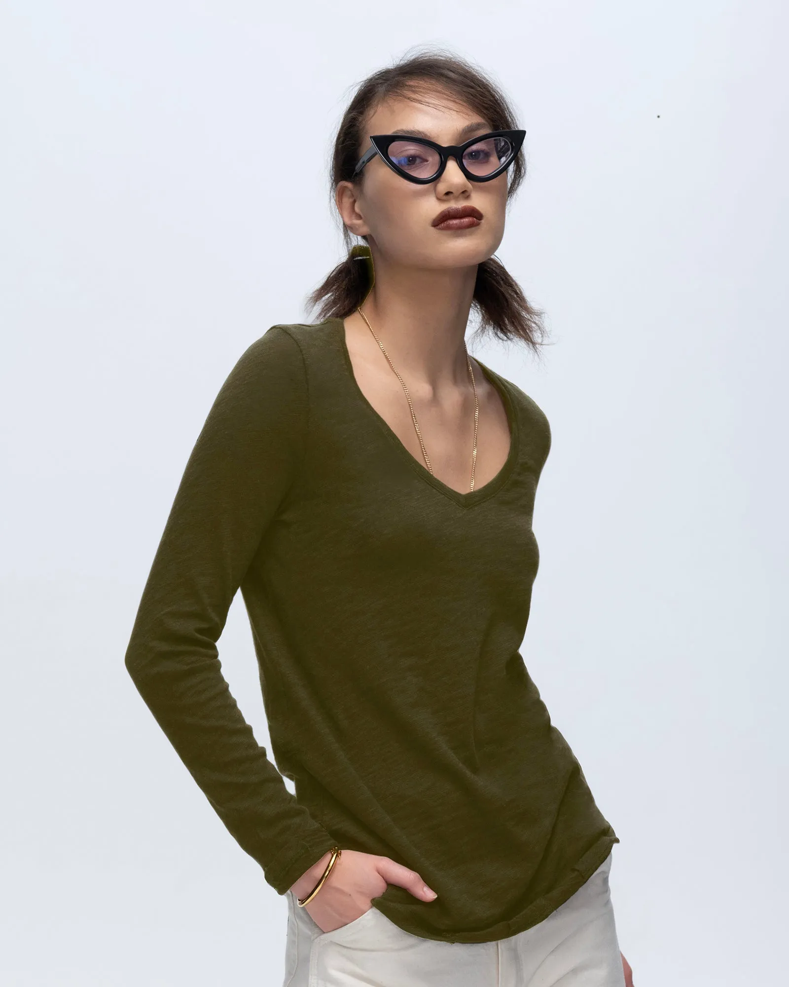Slub Jersey Long Sleeve V-Neck Tee - Army sold by ATM product image thumbnail 4