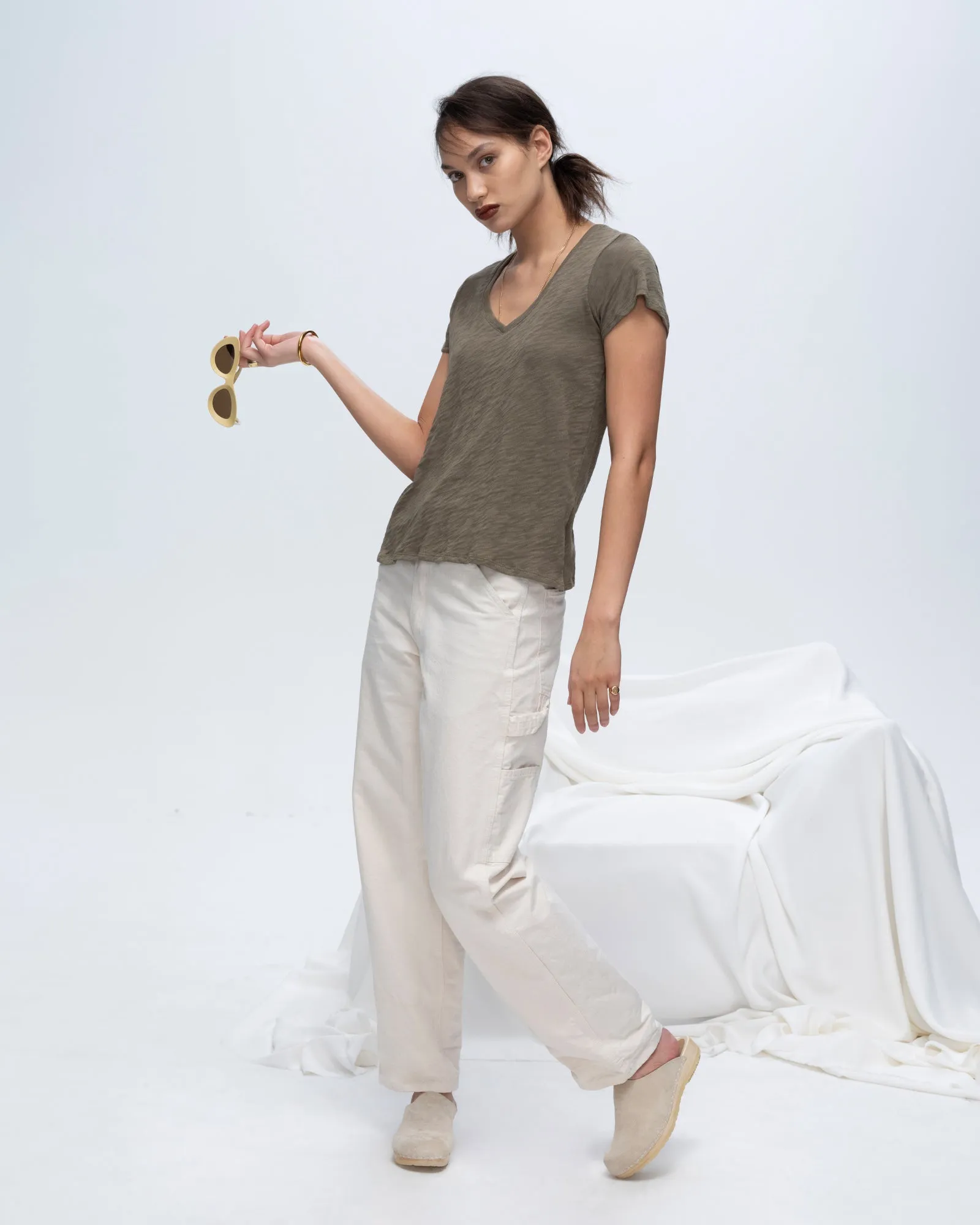 Slub Jersey Schoolboy V-Neck Tee - Army sold by ATM