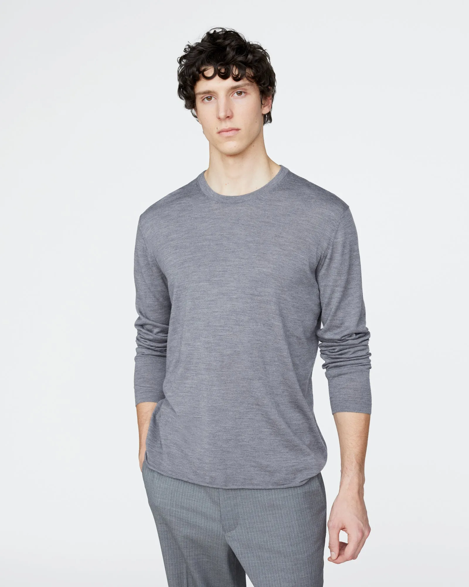 Extra Fine Merino Wool Long Sleeve Crew Neck Tee - Medium Heather Grey sold by ATM