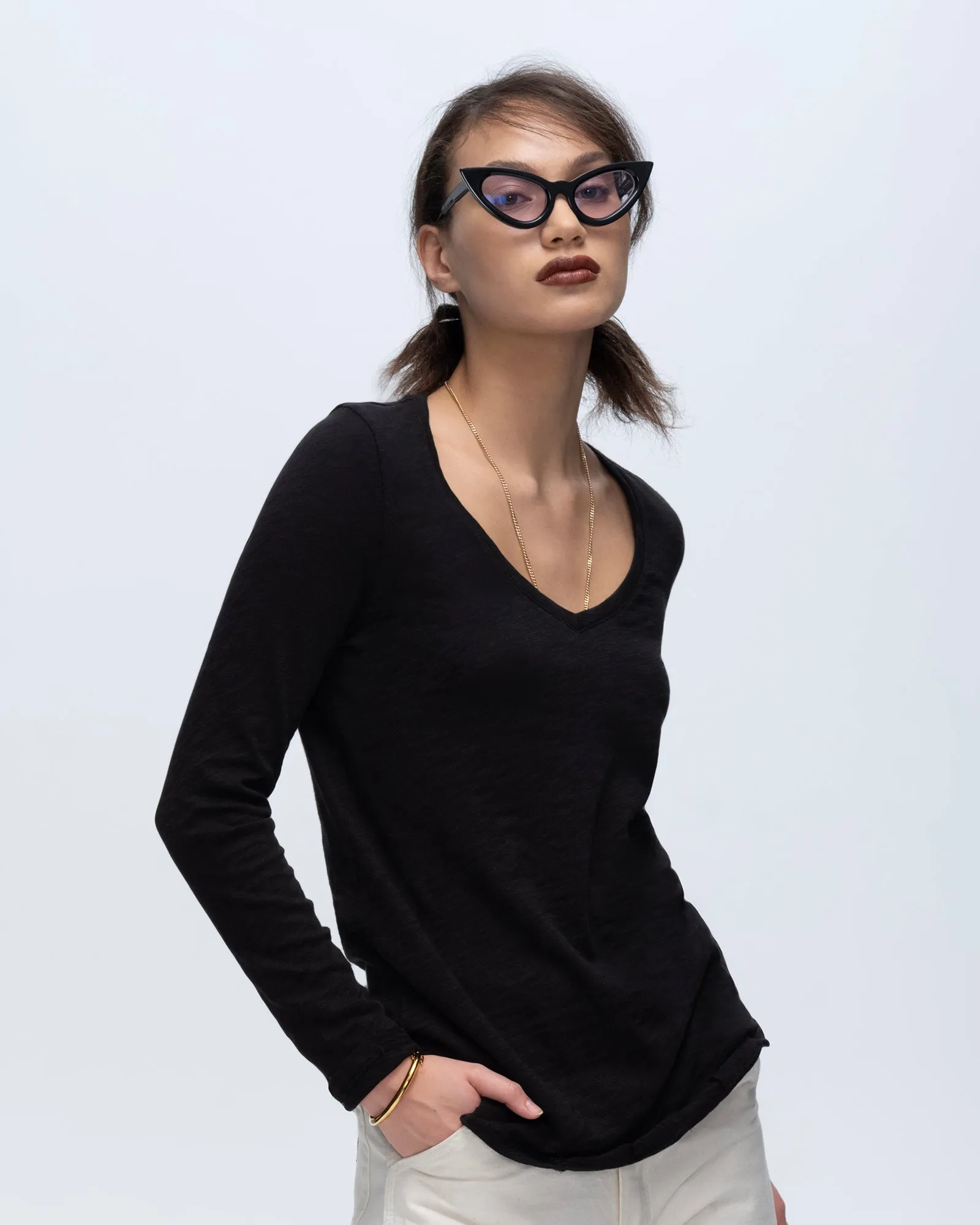 Slub Jersey Long Sleeve V-Neck Tee - Black sold by ATM