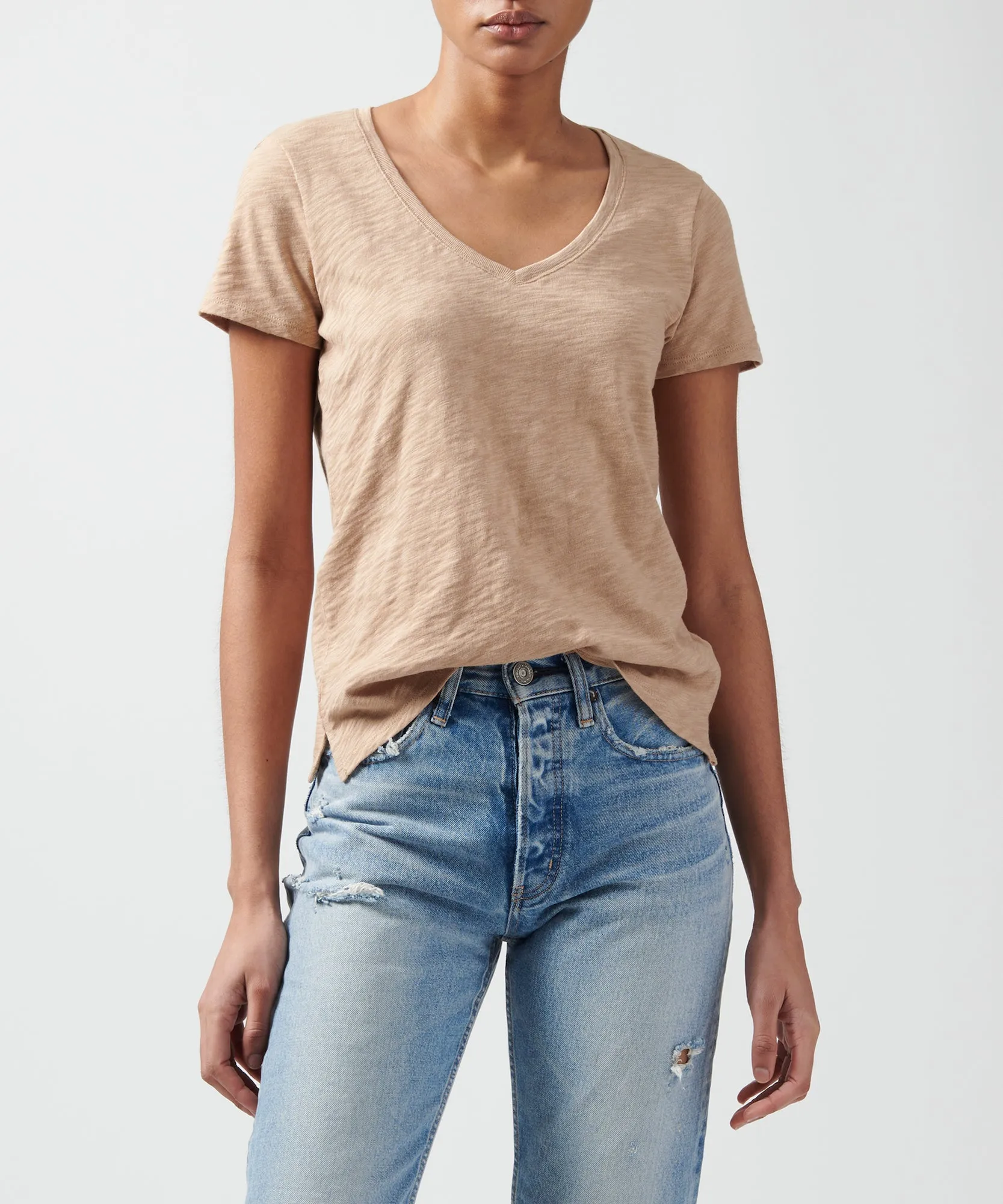 Slub Jersey Schoolboy V-Neck Tee - Camel sold by ATM Anthony Thomas Melillo