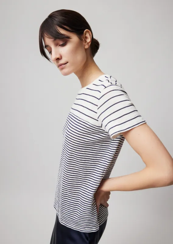 Slub Jersey with Variegated Stripe Schoolboy Short Sleeve Crew Neck Tee - Chalk-Ink sold by ATM Anthony Thomas Melillo