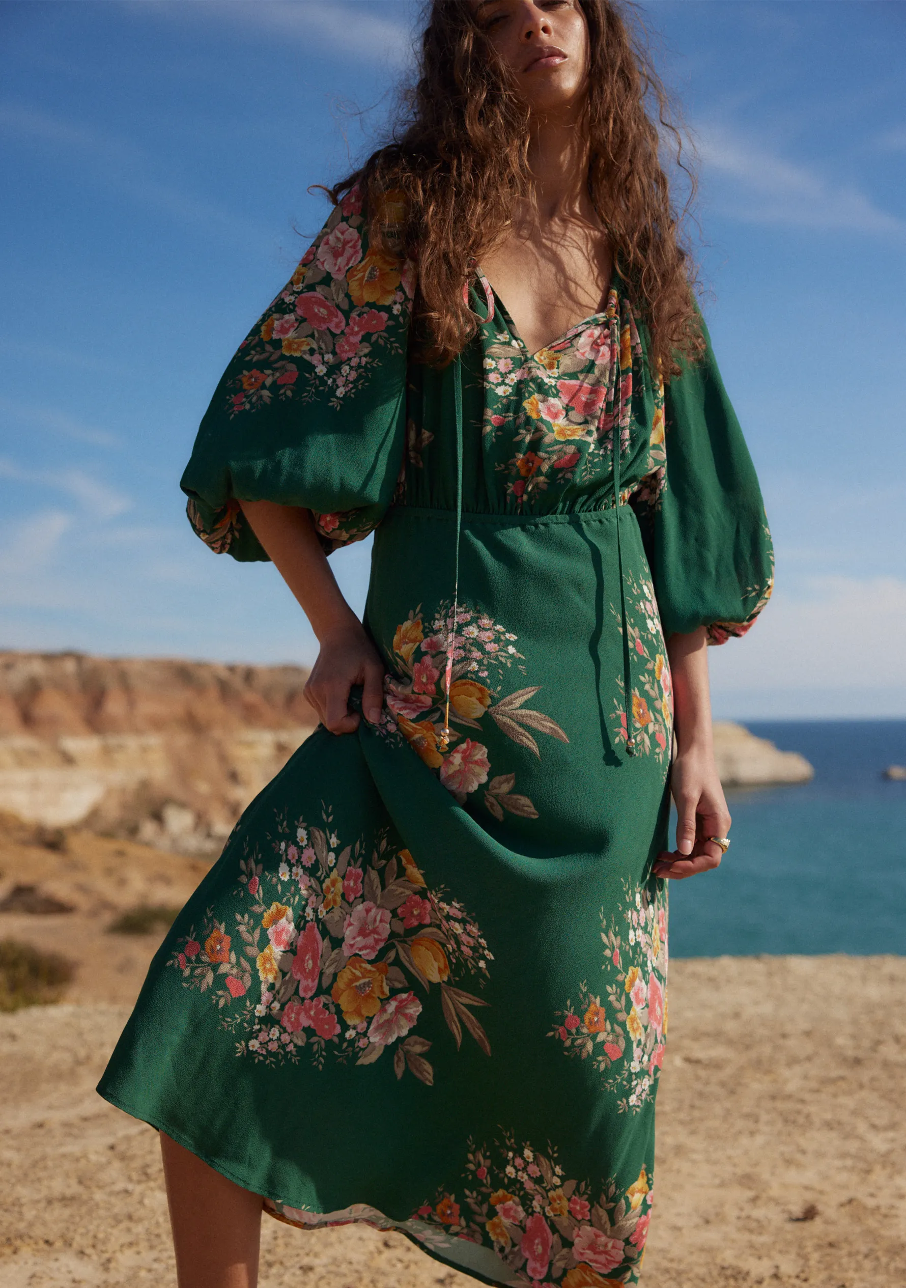 green floral printed zelda midi dress Amina Midi Dress in Green City Floral Olive