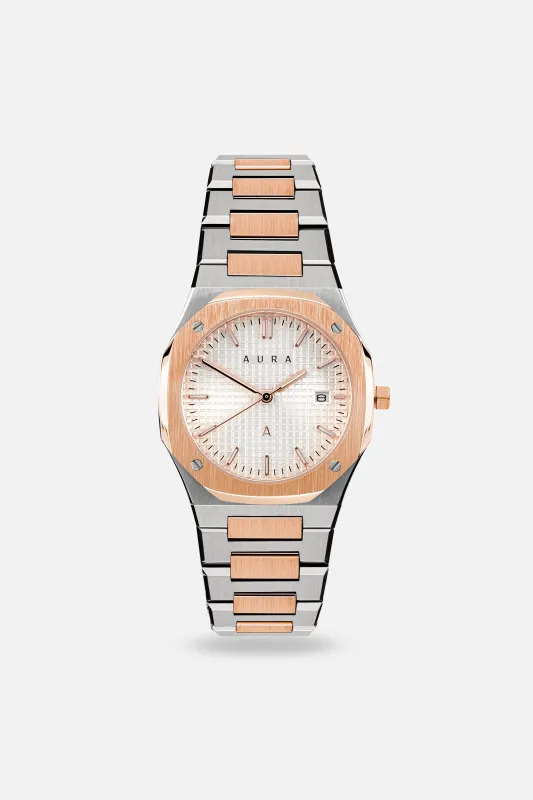 Date 004: Steel/Rose/White Unisex sold by Aura