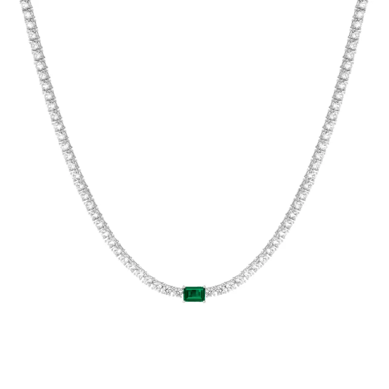 Lab Grown White Sapphire Tennis Necklace with Emerald sold by Aurate