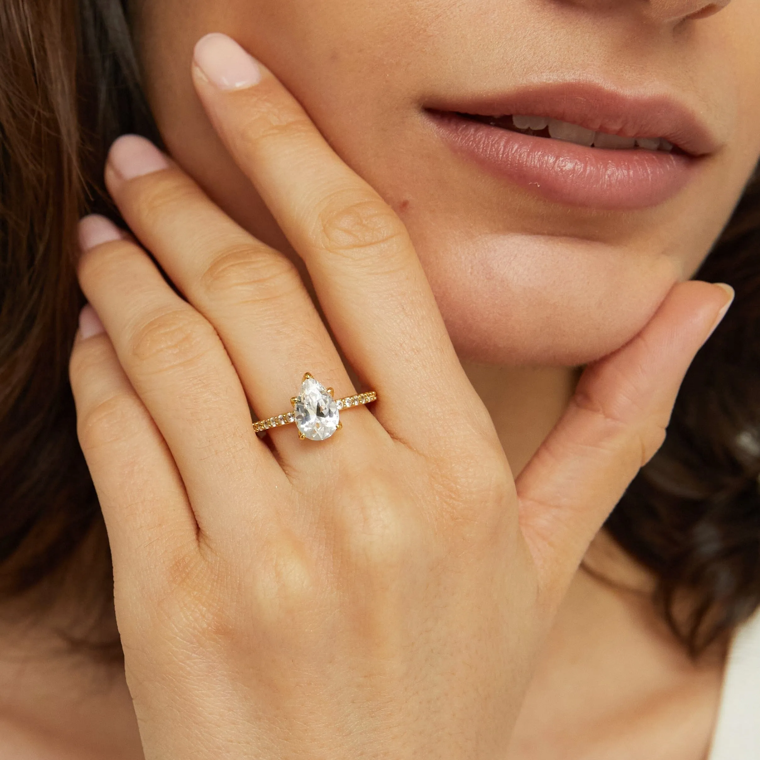 Pear Lab Grown White Sapphire Solitaire Pavé Ring sold by Aurate product image thumbnail 3