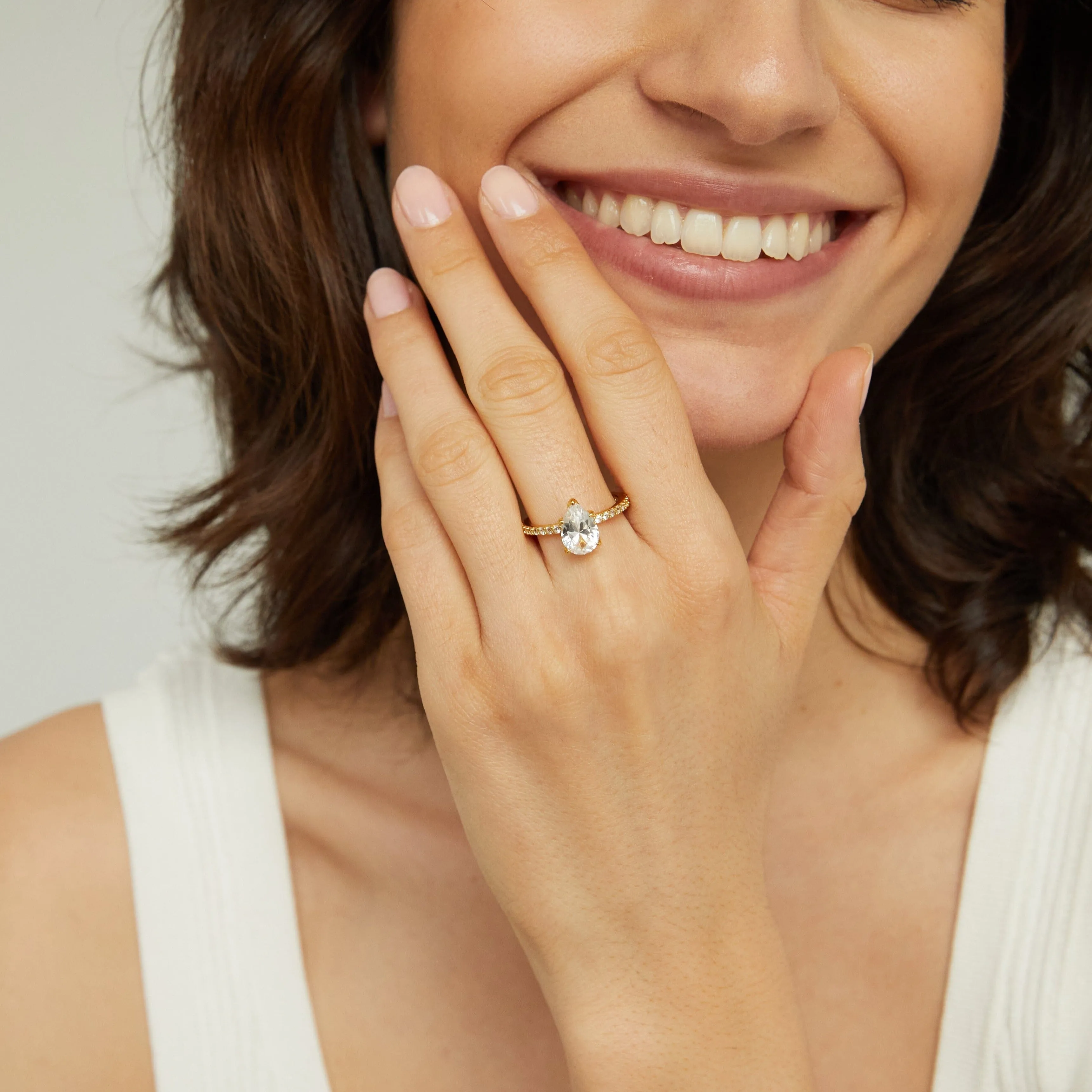 Pear Lab Grown White Sapphire Solitaire Pavé Ring sold by Aurate product image thumbnail 5