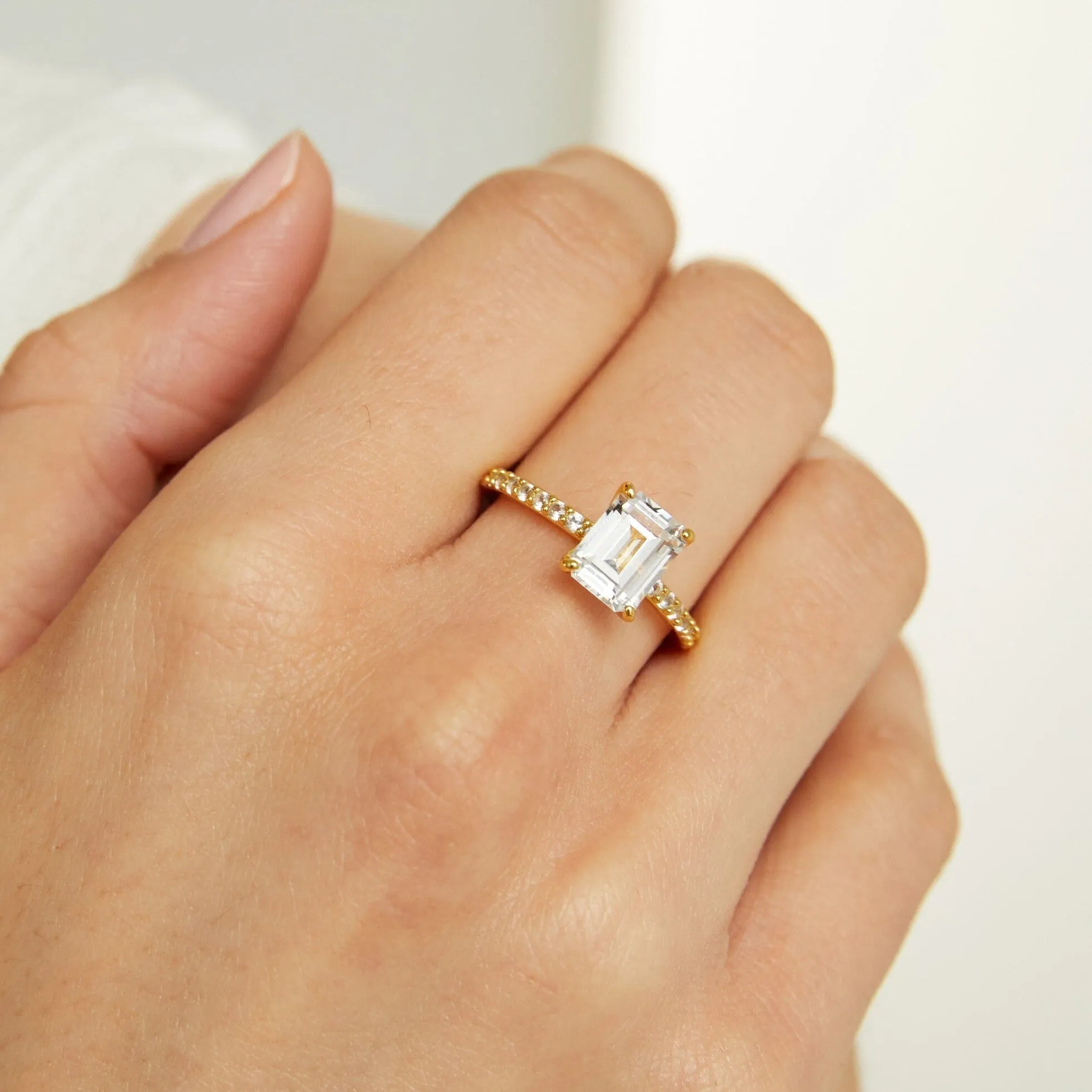 Emerald Lab Grown White Sapphire Solitaire Pavé Ring sold by Aurate product image thumbnail 3