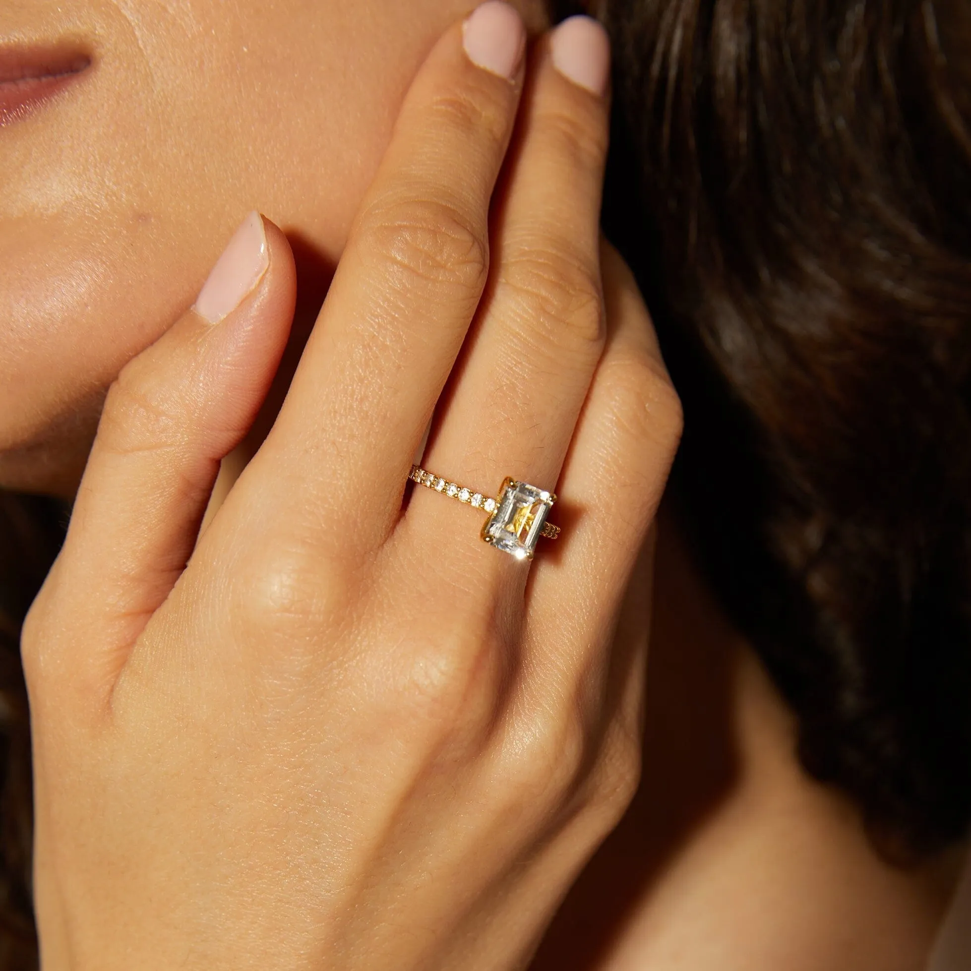 Emerald Lab Grown White Sapphire Solitaire Pavé Ring sold by Aurate product image thumbnail 5