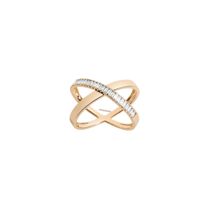 Bold Half Diamond Baguette X Ring sold by Aurate