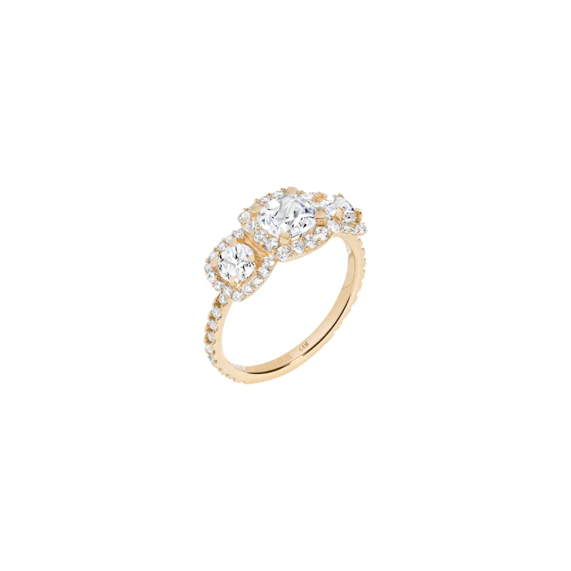 Pavé Cushion Cut Tri-Diamond Ring sold by Aurate