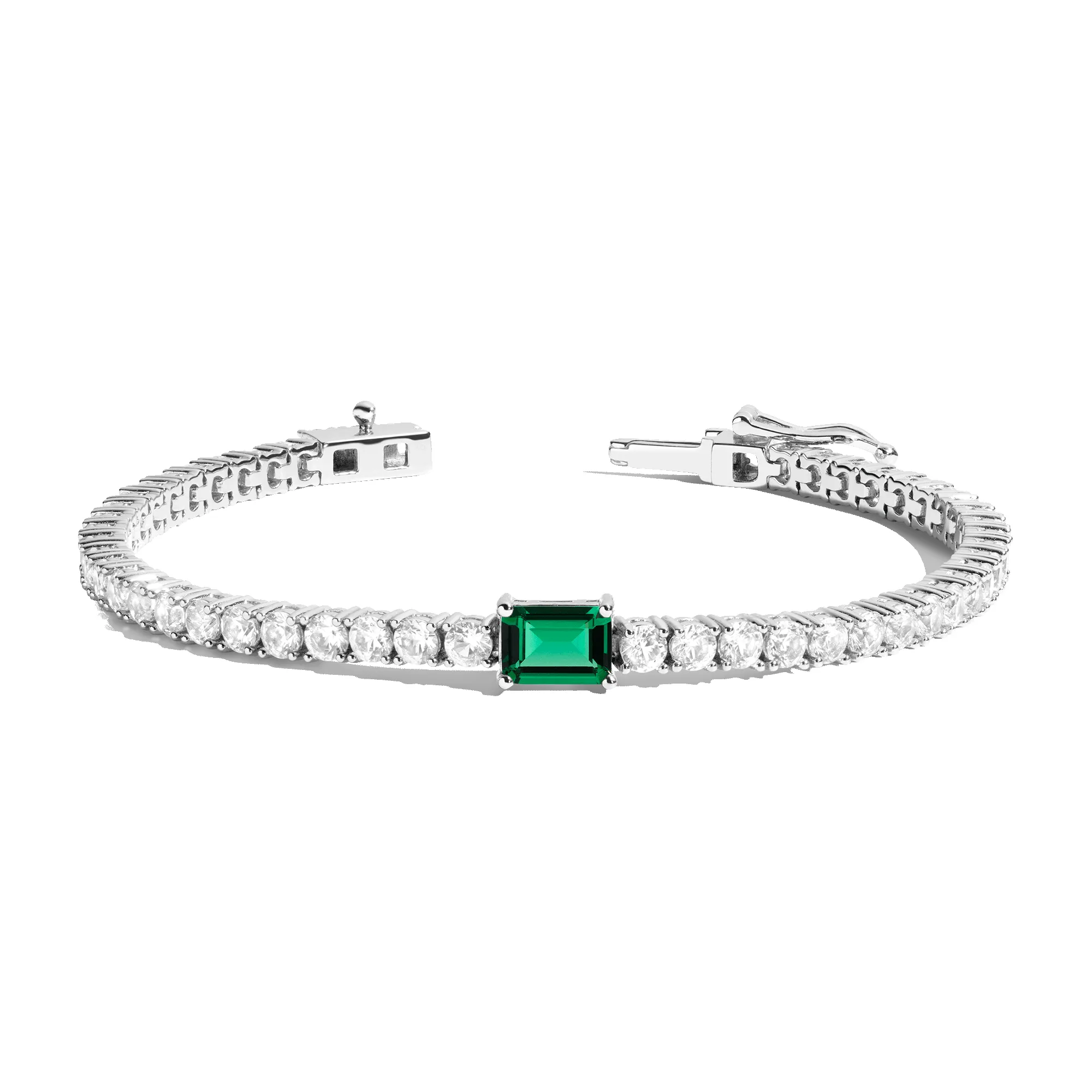 Lab Grown White Sapphire Tennis Bracelet with Emerald sold by Aurate