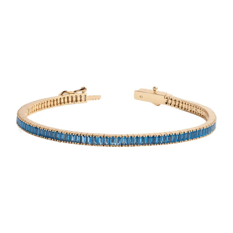Lab Grown Blue Topaz Baguette Tennis Bracelet sold by Aurate