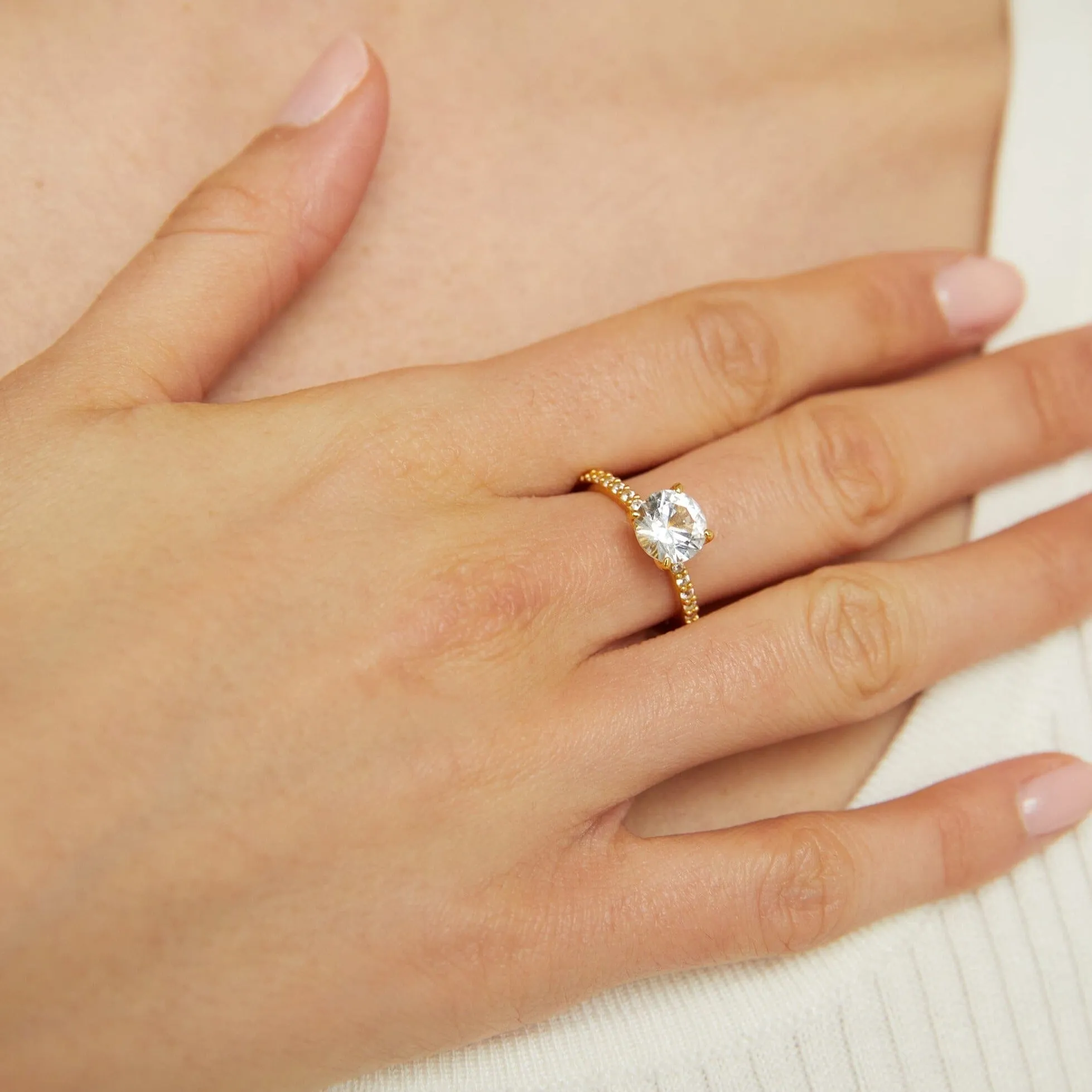 Round Lab Grown White Sapphire Solitaire Pavé Ring sold by Aurate product image thumbnail 4