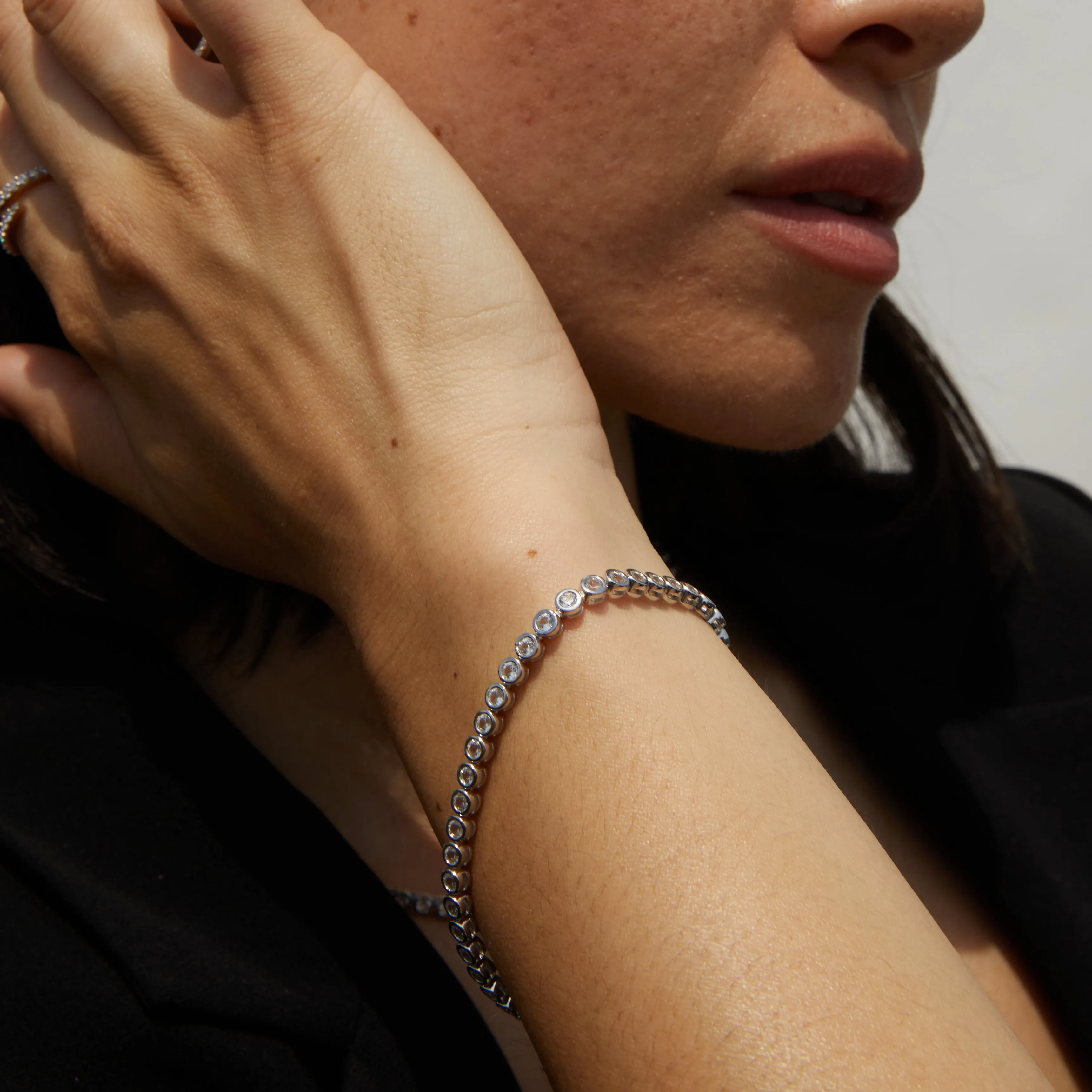 Lab Grown White Sapphire Bezel Tennis Bracelet sold by Aurate product image thumbnail 5