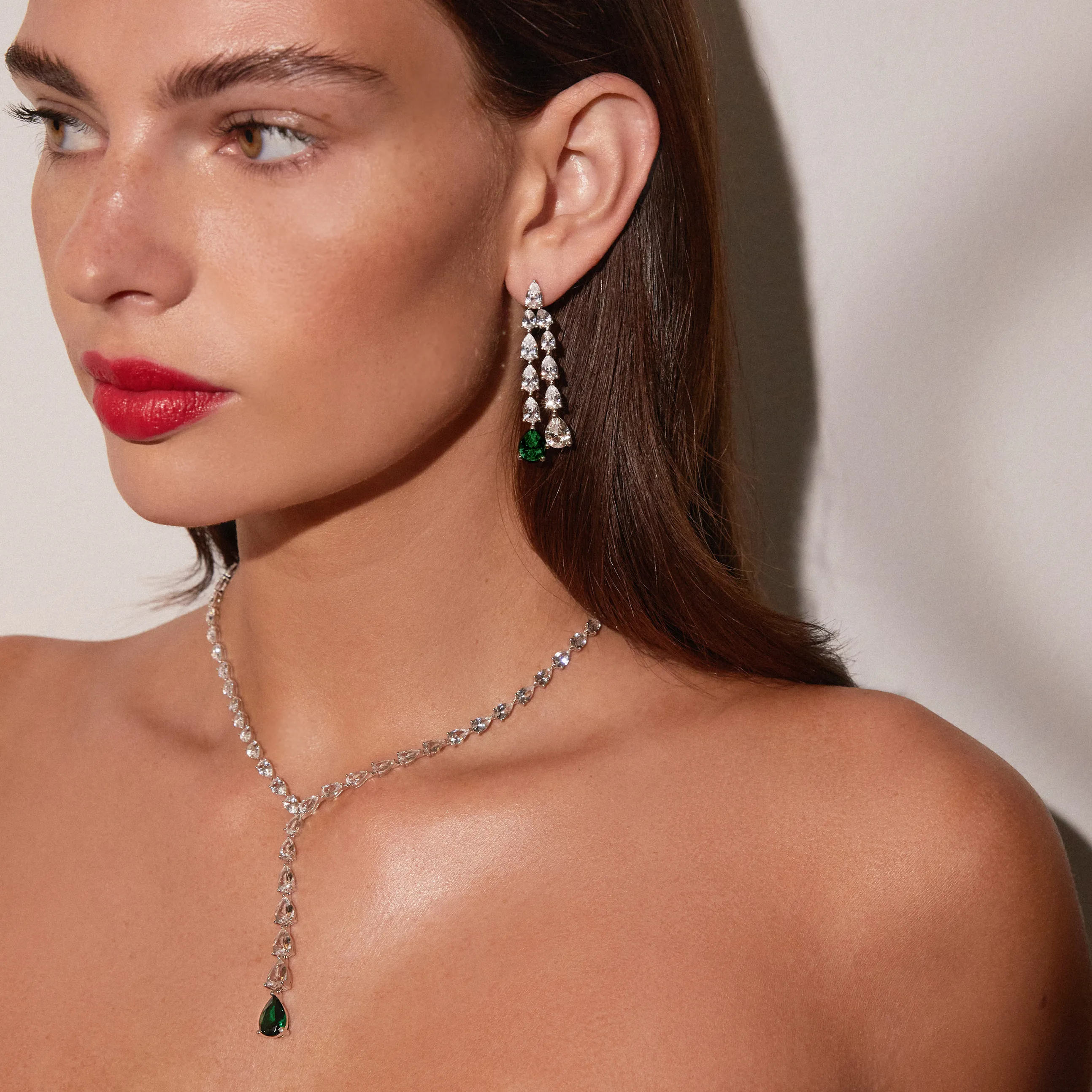 Lab Grown White Sapphire Waterfall Earrings with Emerald sold by Aurate product image thumbnail 5