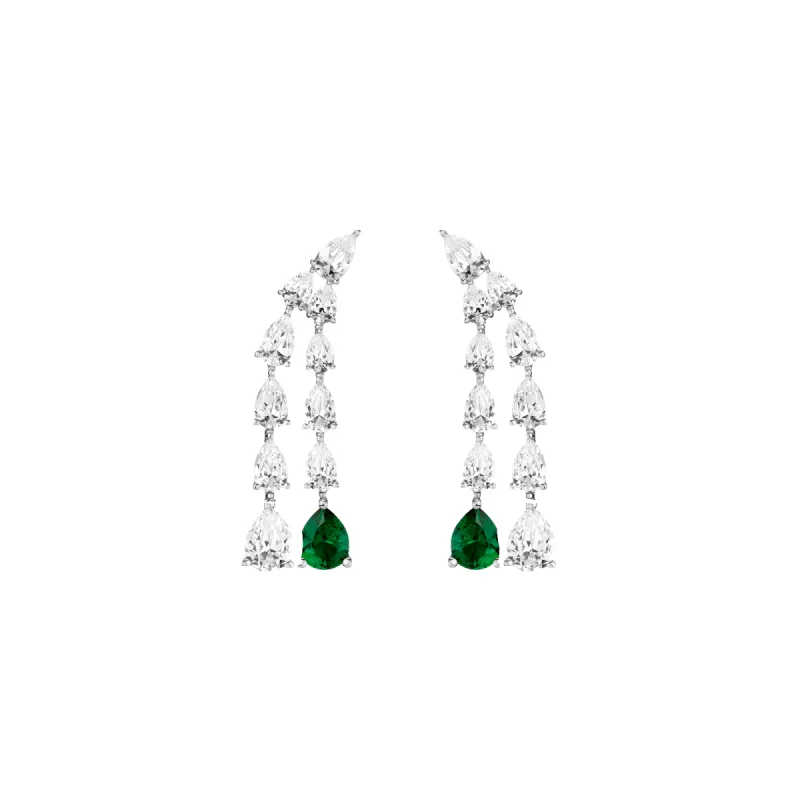 Lab Grown White Sapphire Waterfall Earrings with Emerald sold by Aurate