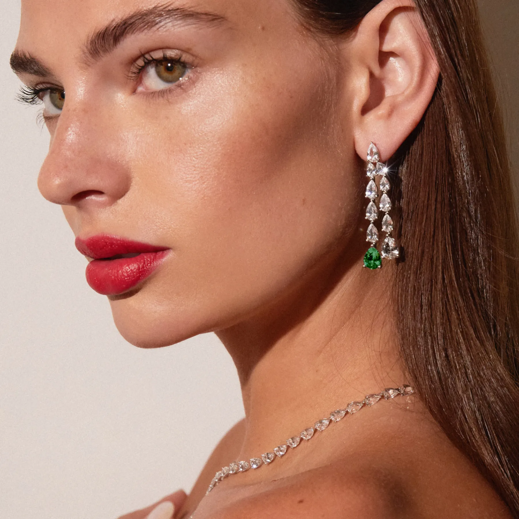 Lab Grown White Sapphire Waterfall Earrings with Emerald sold by Aurate product image thumbnail 4