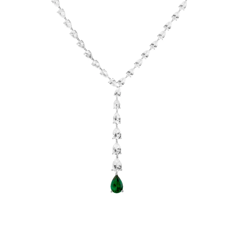 Lab Grown White Sapphire Waterfall Necklace with Emerald sold by Aurate