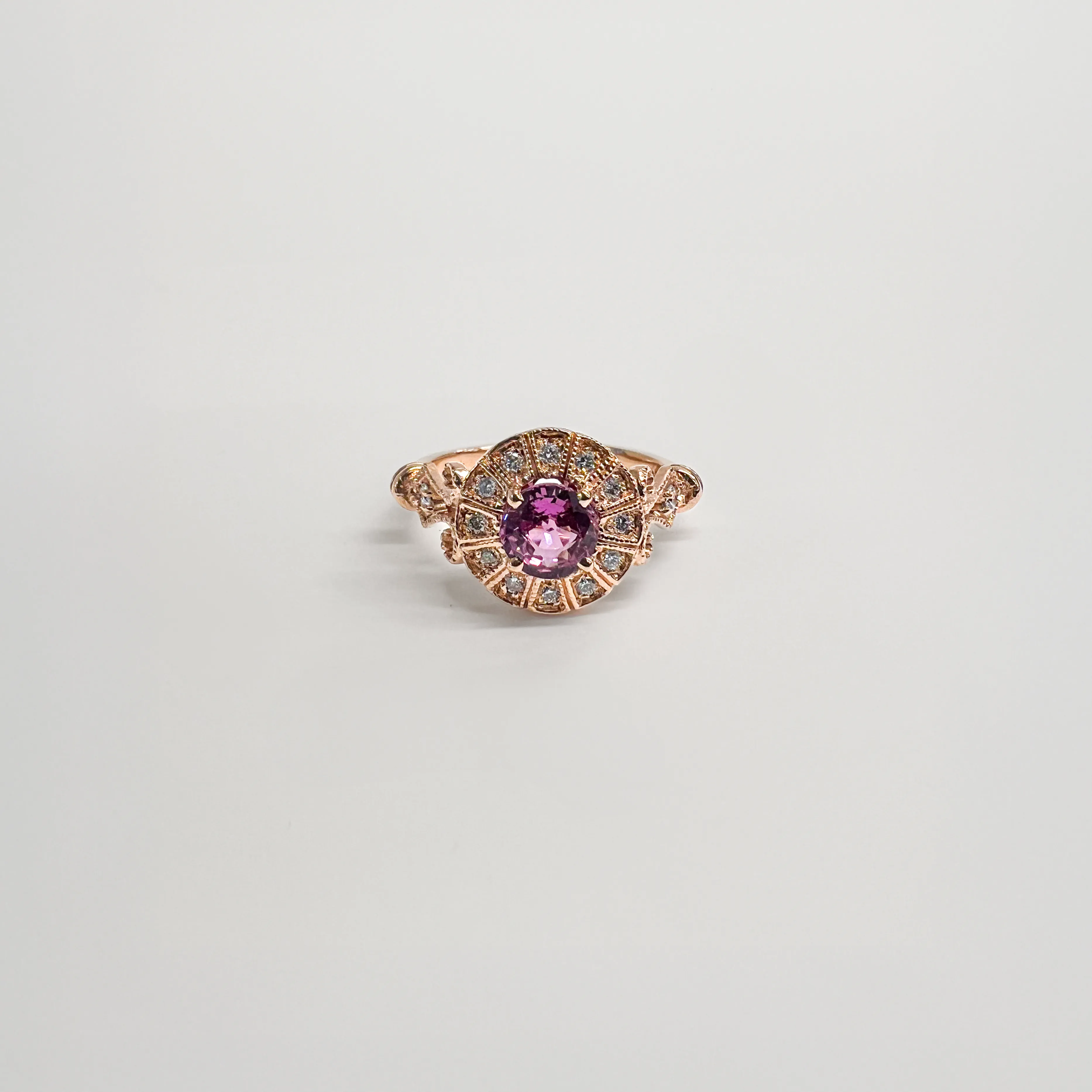 Vintage Style Pink Sapphire and Rose Gold Ring sold by Aurate