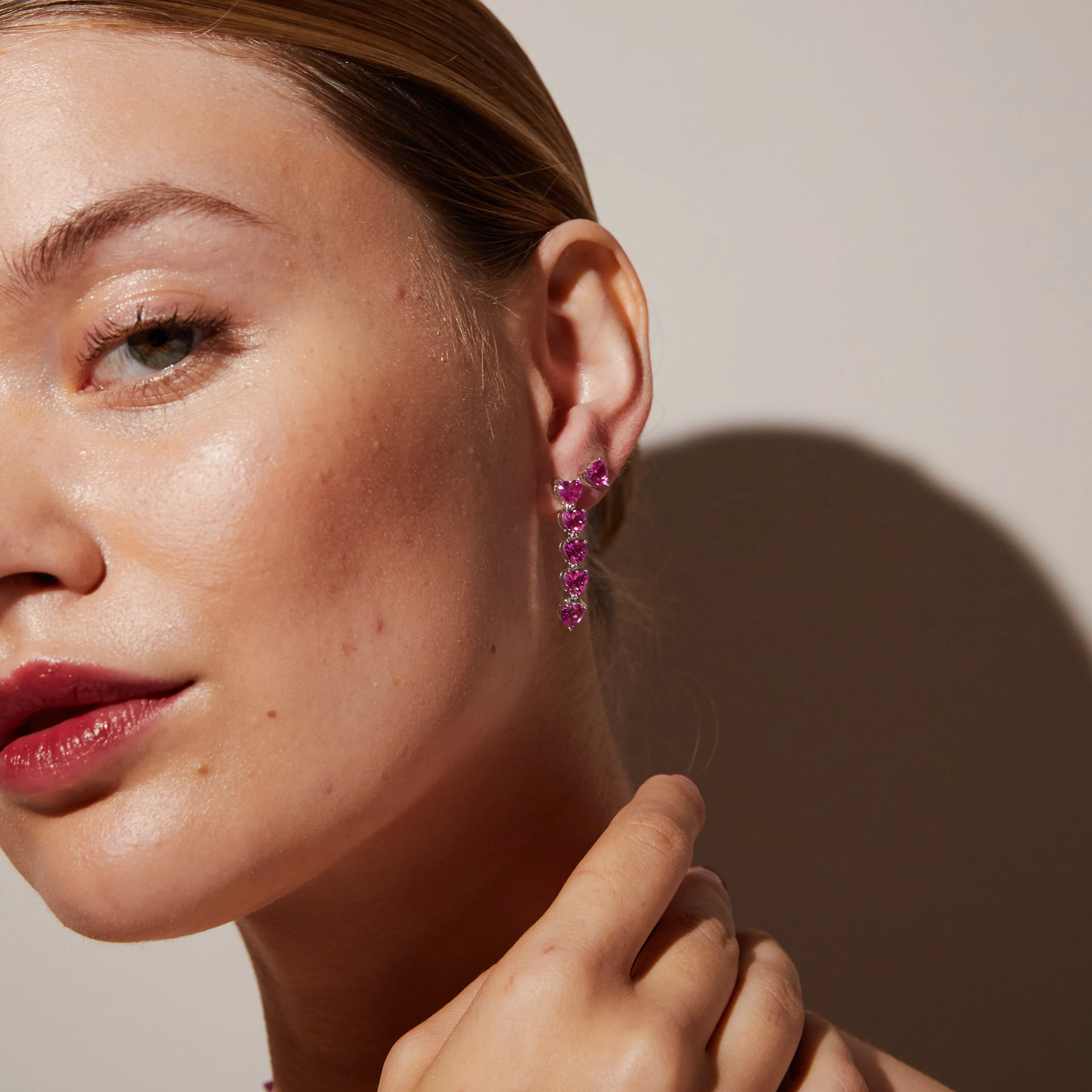 Lab Grown Pink Sapphire Heart Tennis Earrings sold by Aurate product image thumbnail 5