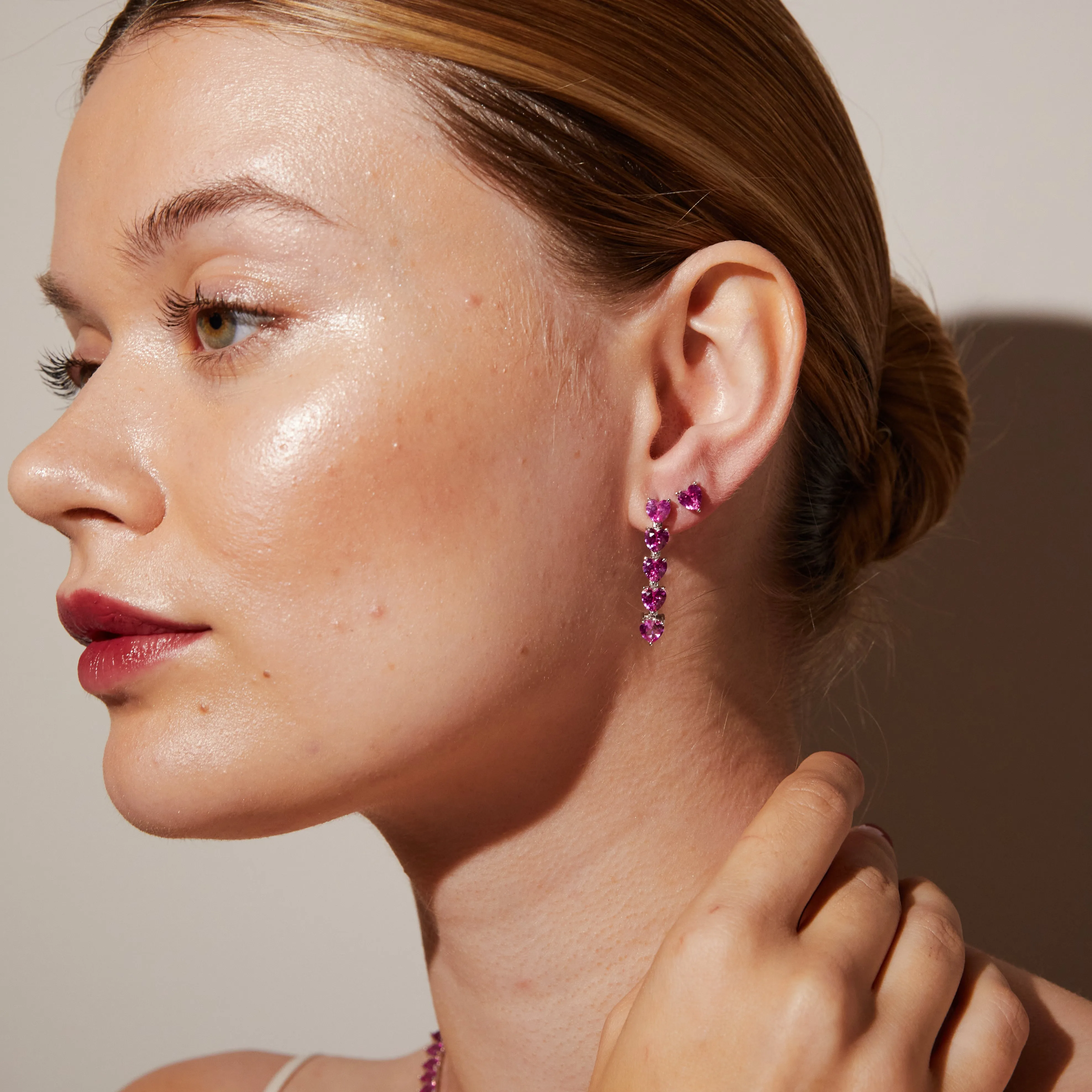 Lab Grown Pink Sapphire Heart Stud Earrings sold by Aurate product image thumbnail 5