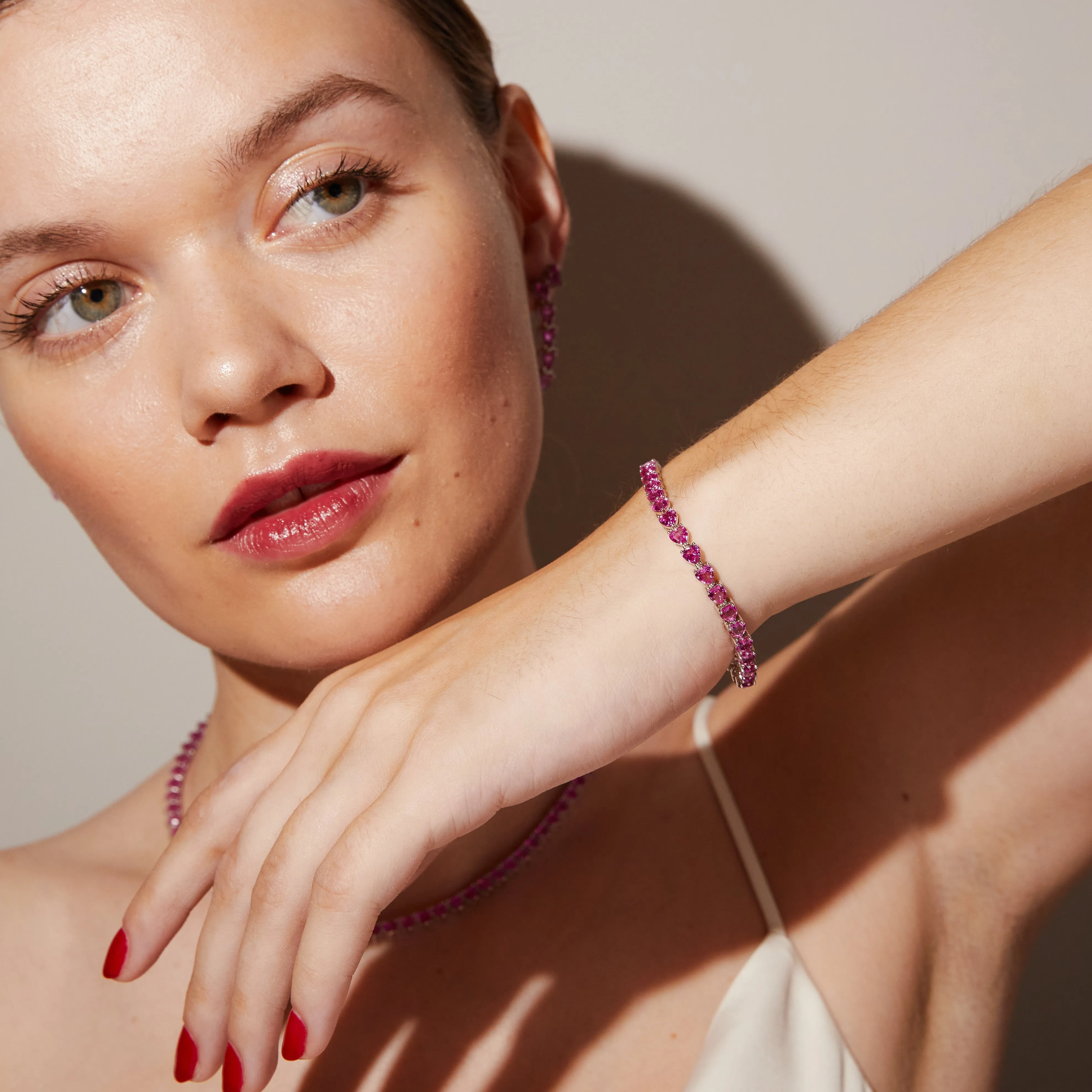 Lab Grown Pink Sapphire Heart Tennis Bracelet sold by Aurate product image thumbnail 5